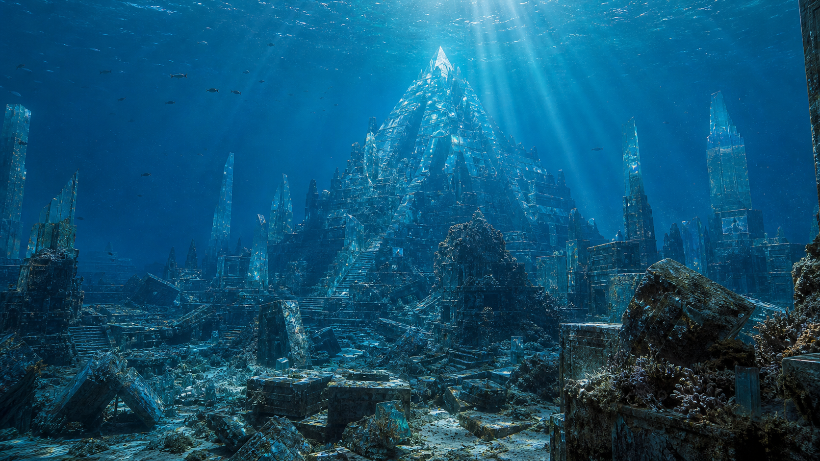 A cinematic drowned crystal metropolis beneath the Atlantic, light shafts crossing broken pyramids