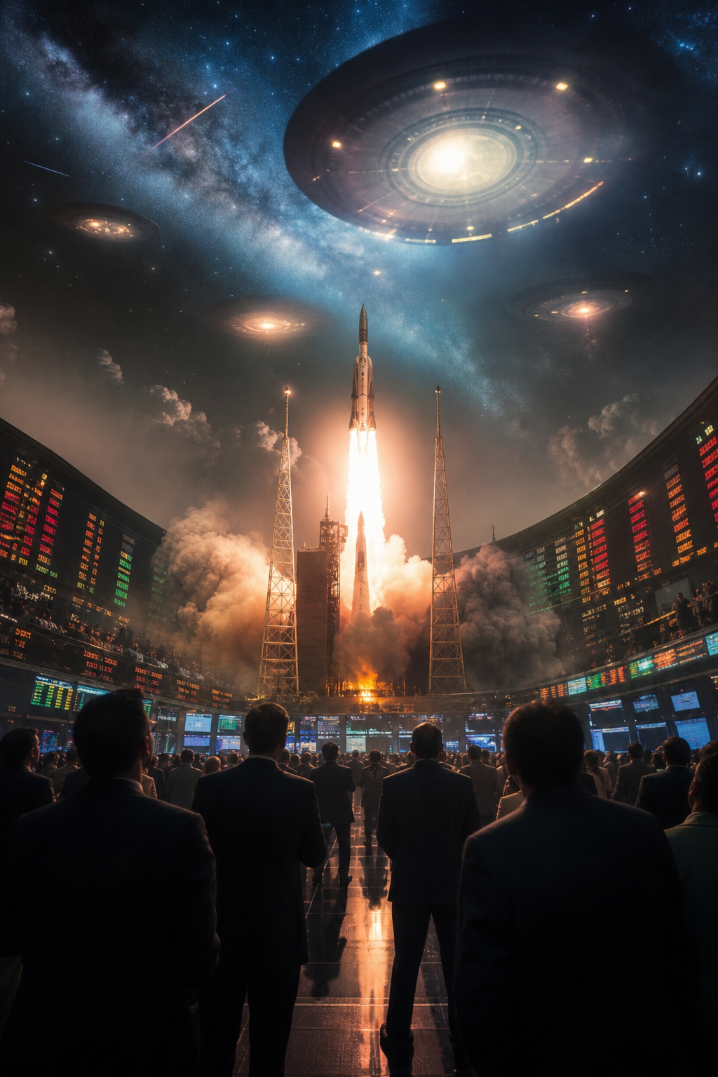 Rocket launch như nghi lễ obelisk hiện đại, đèn sàn chứng khoán, bầu trời UFO disclosure và màn hình cinema hội tụ thành spectacle A LIE N