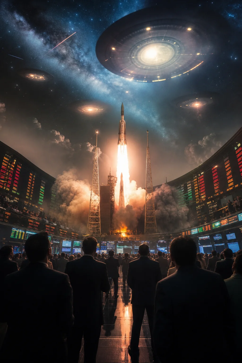 Rocket launch như nghi lễ obelisk hiện đại, đèn sàn chứng khoán, bầu trời UFO disclosure và màn hình cinema hội tụ thành spectacle A LIE N