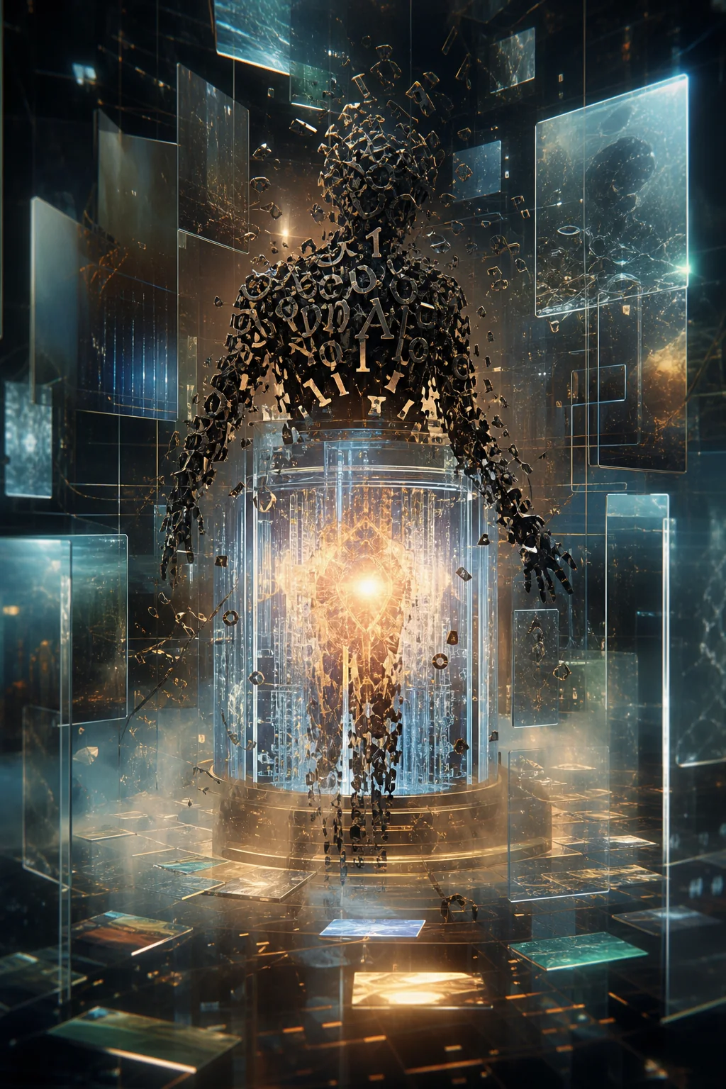 Bóng alien được tạo từ các mảnh chữ và ánh sáng vỡ, biểu tượng truth payload nằm trong false interface của word magic