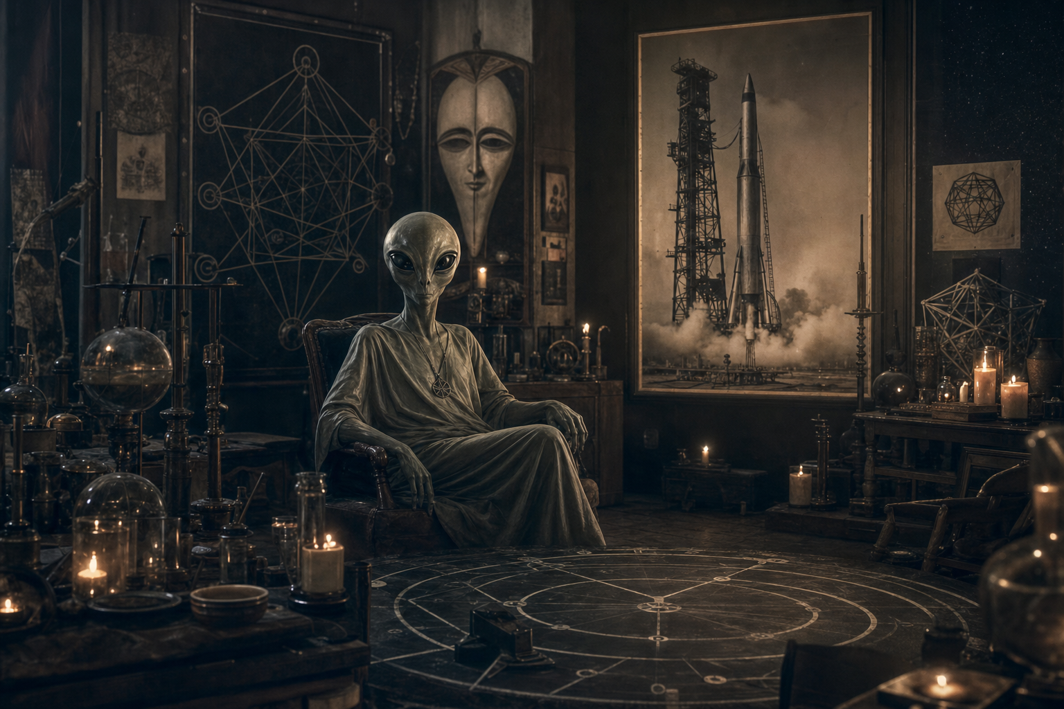 Bóng phòng occult, grey alien archetype, phòng thí nghiệm rocket và vòng nghi lễ nối nhau tinh tế qua biểu tượng Jack Parsons, Crowley và LAM
