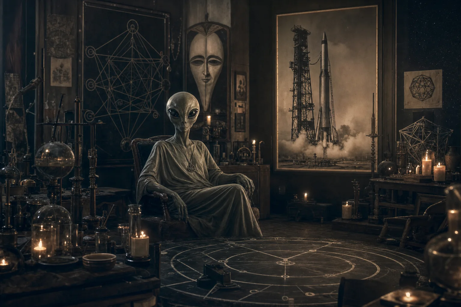 Bóng phòng occult, grey alien archetype, phòng thí nghiệm rocket và vòng nghi lễ nối nhau tinh tế qua biểu tượng Jack Parsons, Crowley và LAM