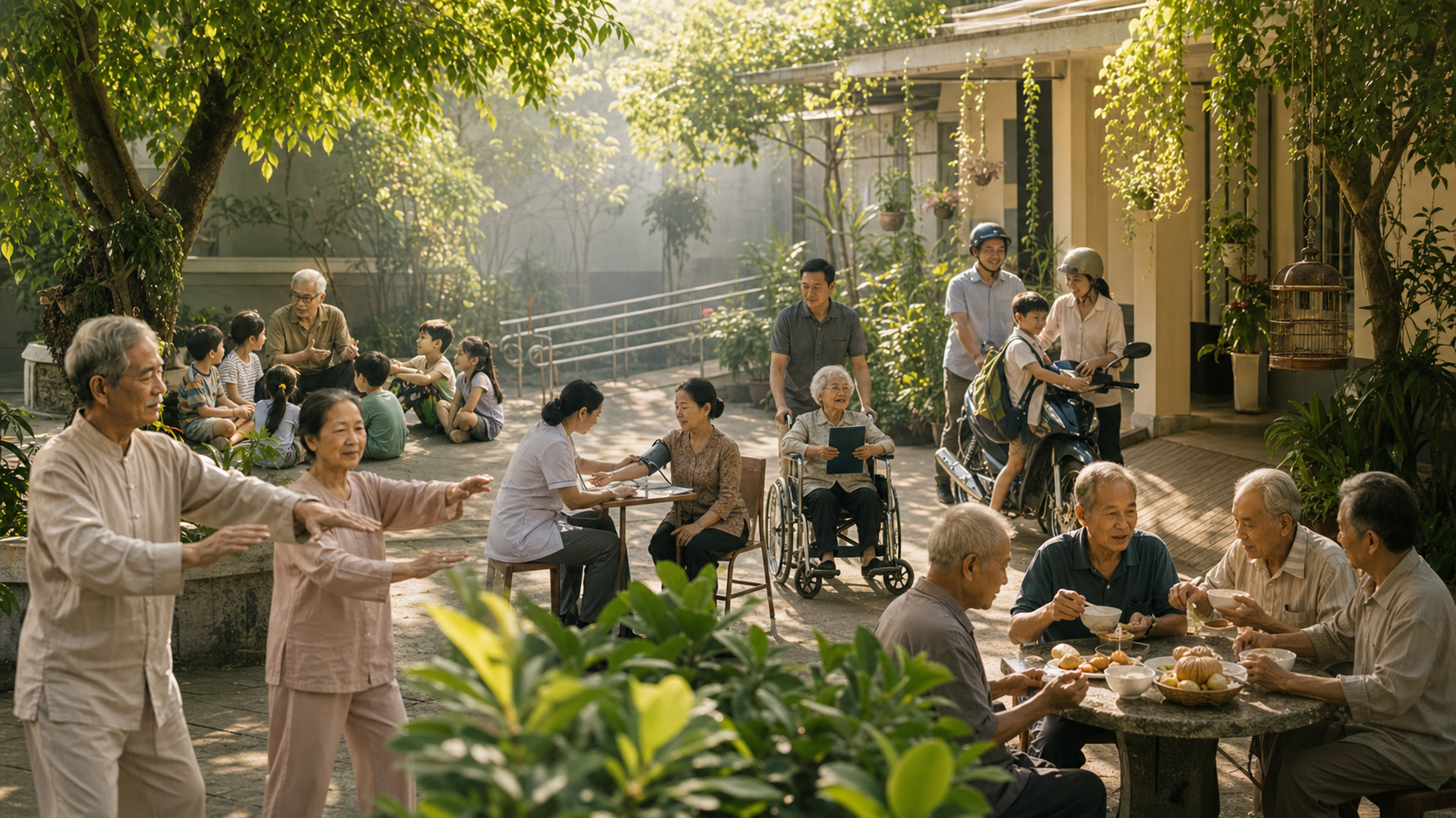 Một vòng tròn chăm sóc cộng đồng tại khu dân cư Việt Nam, nơi người già vẫn có quyền tự chủ và thuộc về