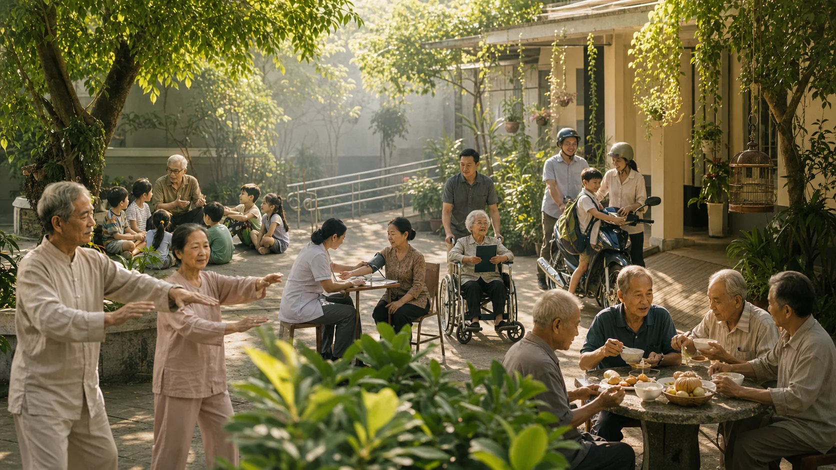 Một vòng tròn chăm sóc cộng đồng tại khu dân cư Việt Nam, nơi người già vẫn có quyền tự chủ và thuộc về
