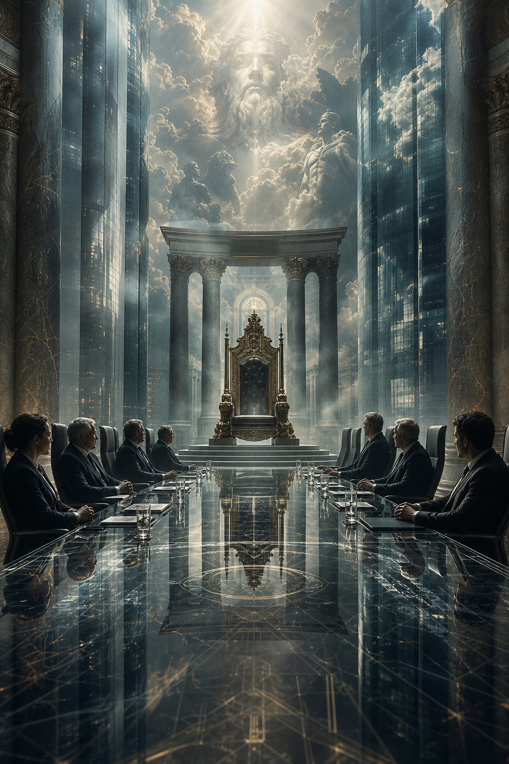 Ngai vàng cổ và phòng họp hiện đại chồng lên nhau, sky gods myth vọng lại trong elite bloodline và technocratic mandate