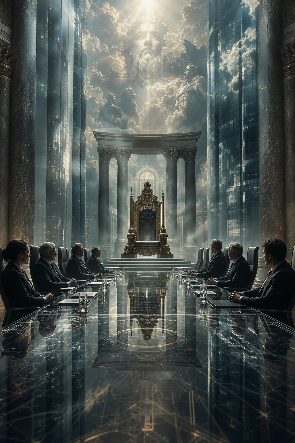 Ngai vàng cổ và phòng họp hiện đại chồng lên nhau, sky gods myth vọng lại trong elite bloodline và technocratic mandate