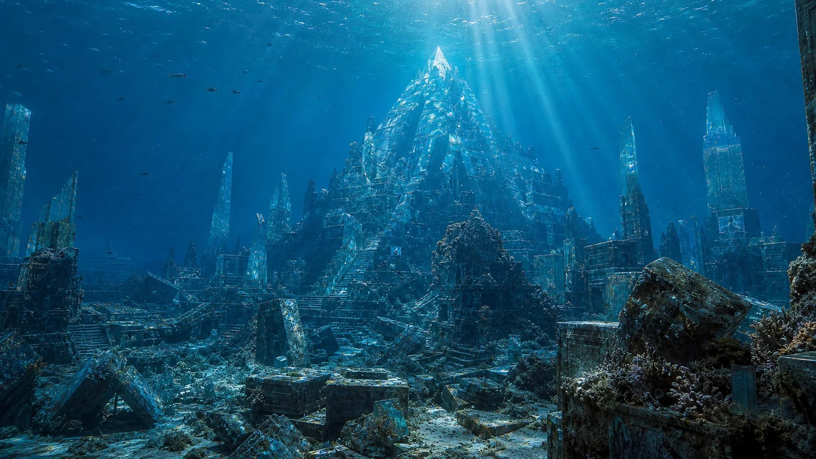A cinematic drowned crystal metropolis beneath the Atlantic, light shafts crossing broken pyramids