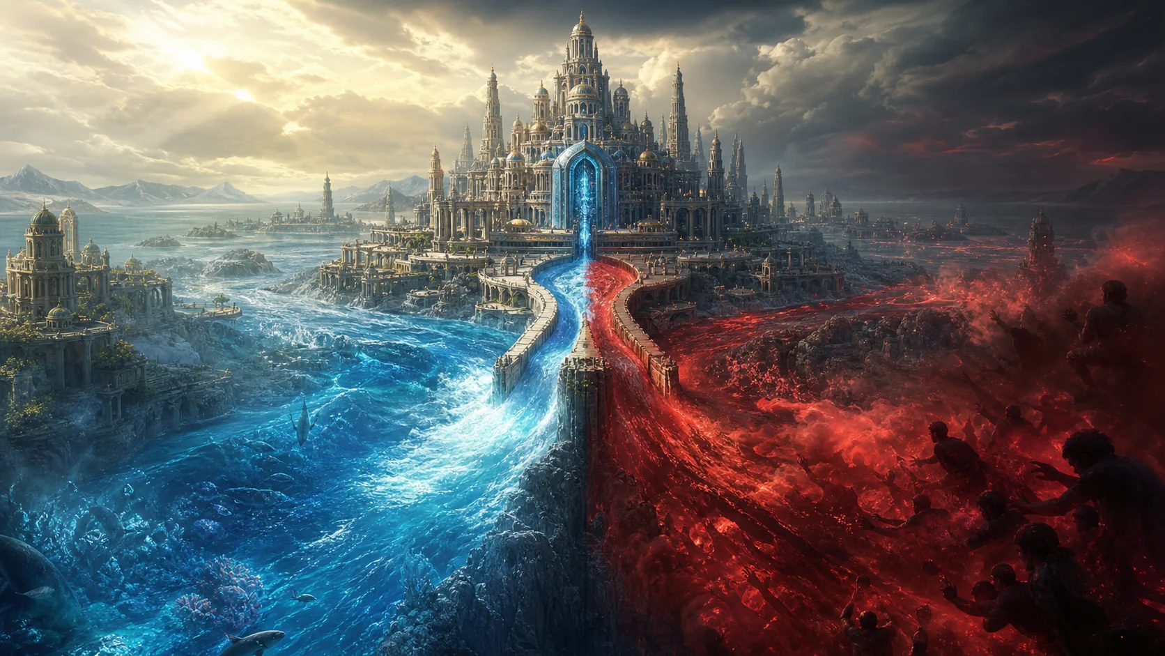 A radiant city splitting into two currents, one healing blue and one red harvesting fear