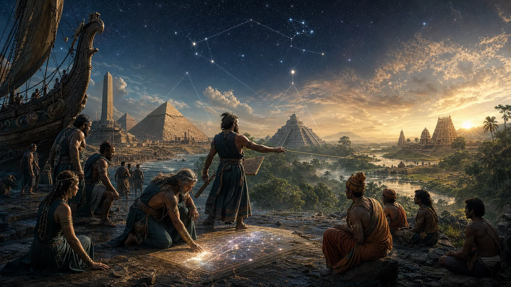 Atlantean survivors arriving at Egypt, Maya and India with star maps and pyramid geometry
