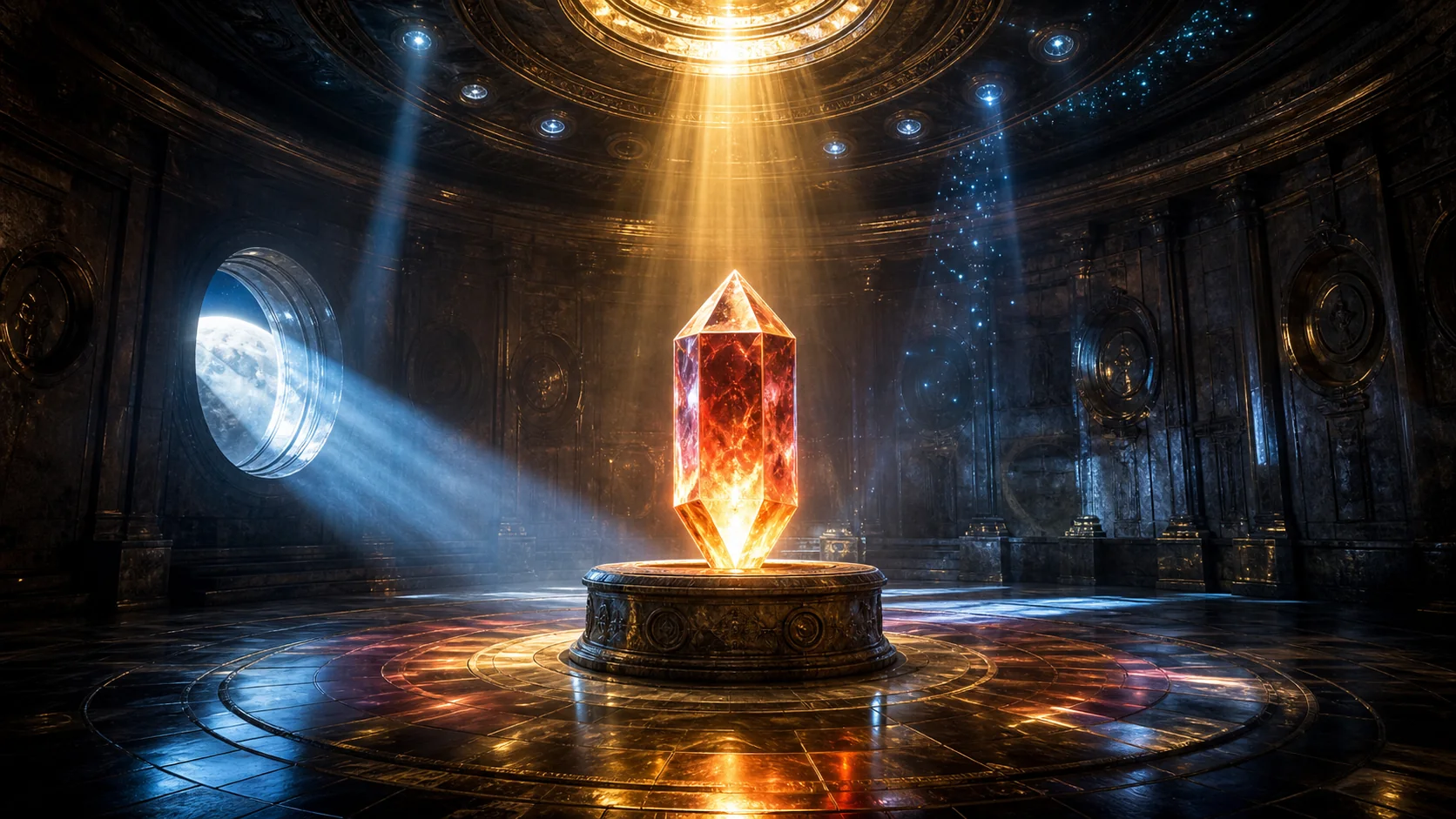 A hexagonal fire crystal inside an oval domed chamber absorbing sun moon and starlight