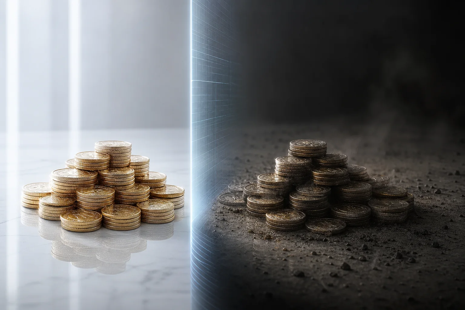 Hai đống coin số giống nhau bị chia bởi một cổng compliance vô hình thành nhóm sạch và bẩn, biểu tượng mất fungibility