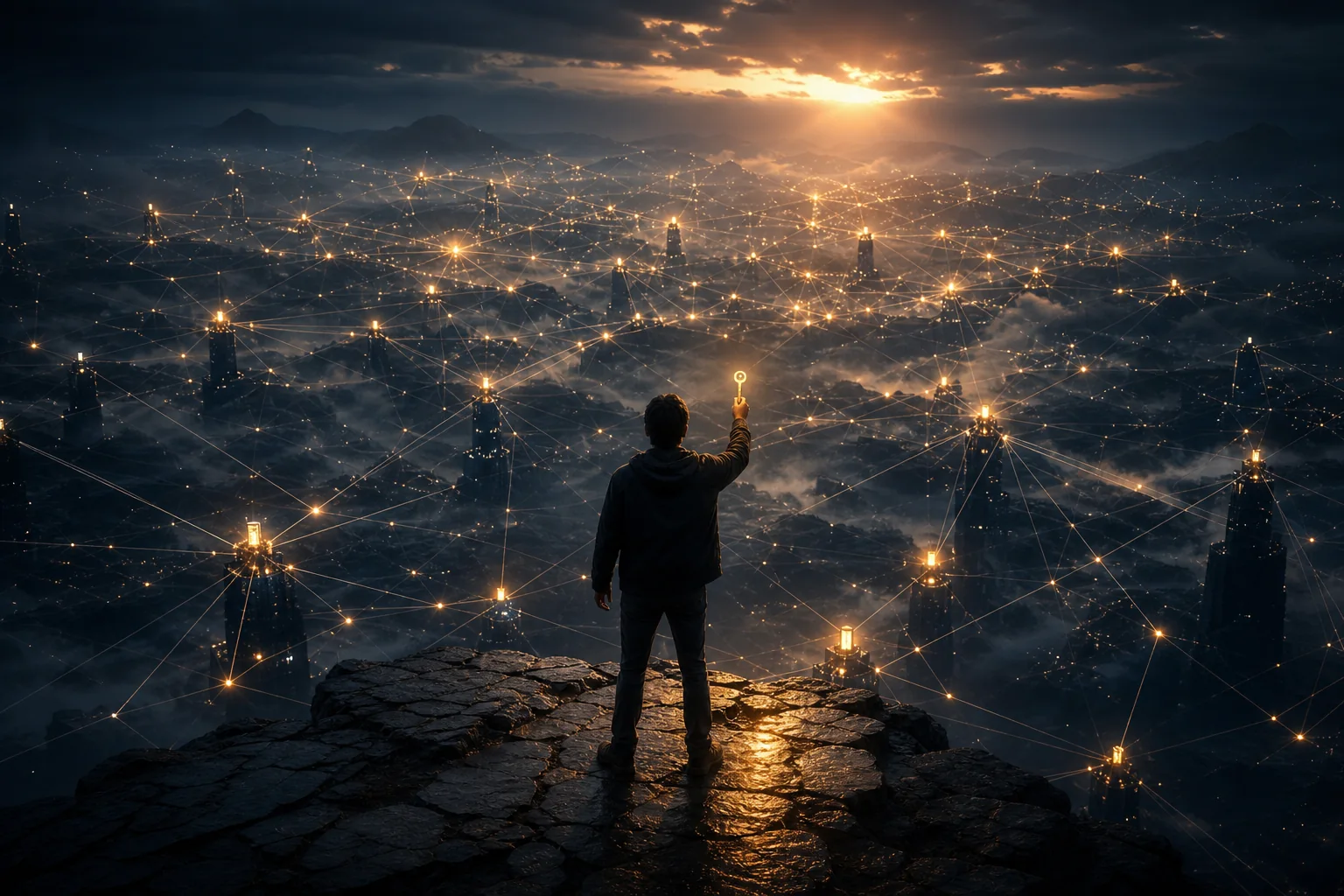 Bitcoin như protocol chủ quyền tài chính: một người cầm chìa khóa vàng trước mạng lưới node phi tập trung và các đường năng lượng Proof-of-Work