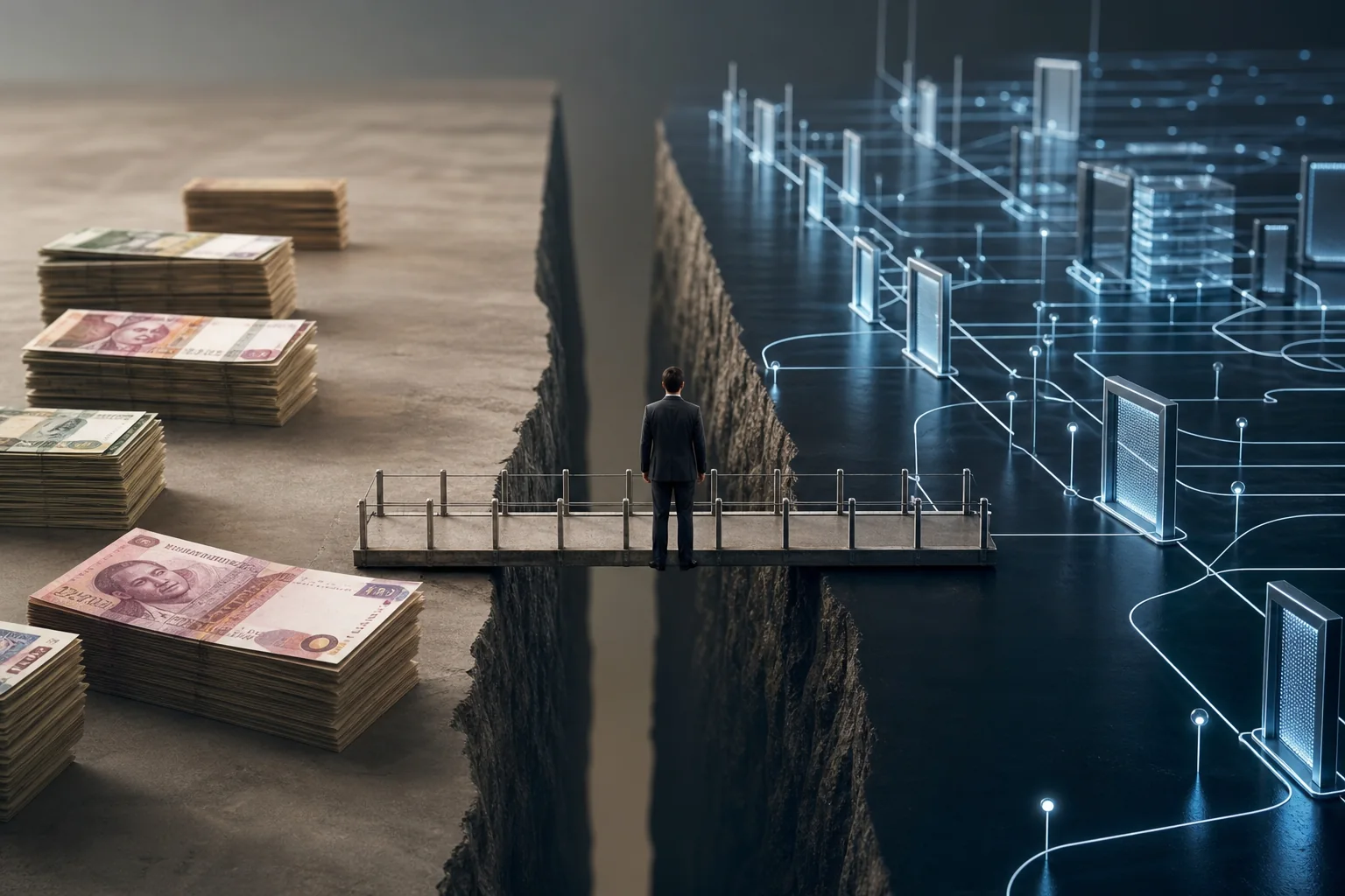Tiền giấy vật lý offline đặt cạnh payment rails số dạng account với đường tracking và các cổng permission