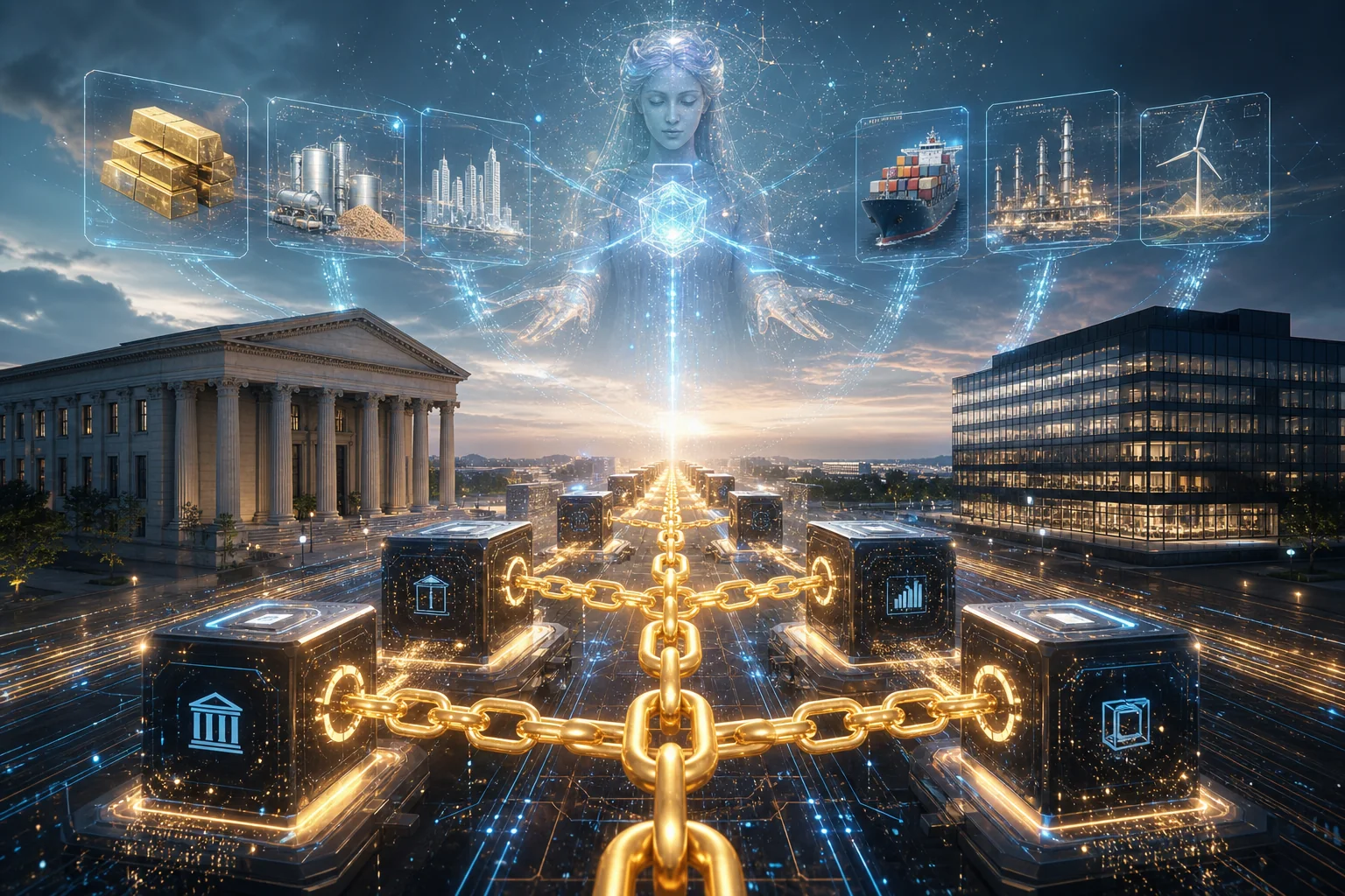 Các mắt xích phát sáng nối blockchain blocks với tài sản thật, ngân hàng, data streams và settlement rails, biểu tượng oracle layer của tokenized world