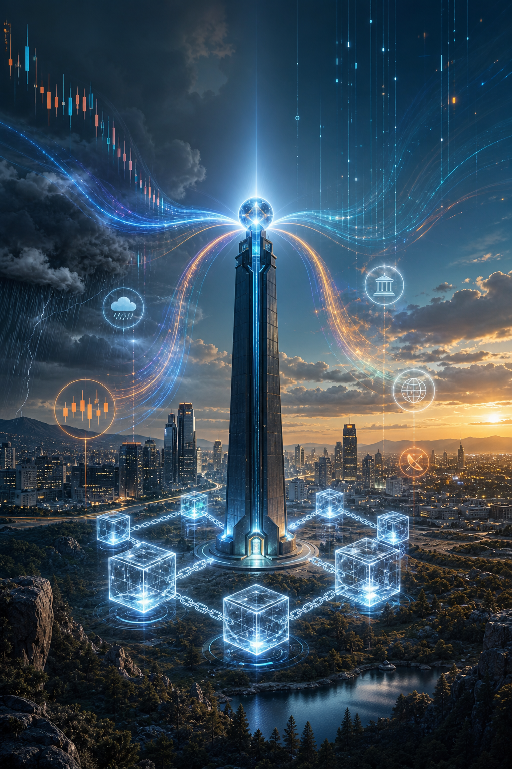 Một tháp oracle đưa tín hiệu giá, thời tiết, dự trữ và sự kiện vào smart contracts, như reality data đi vào chain