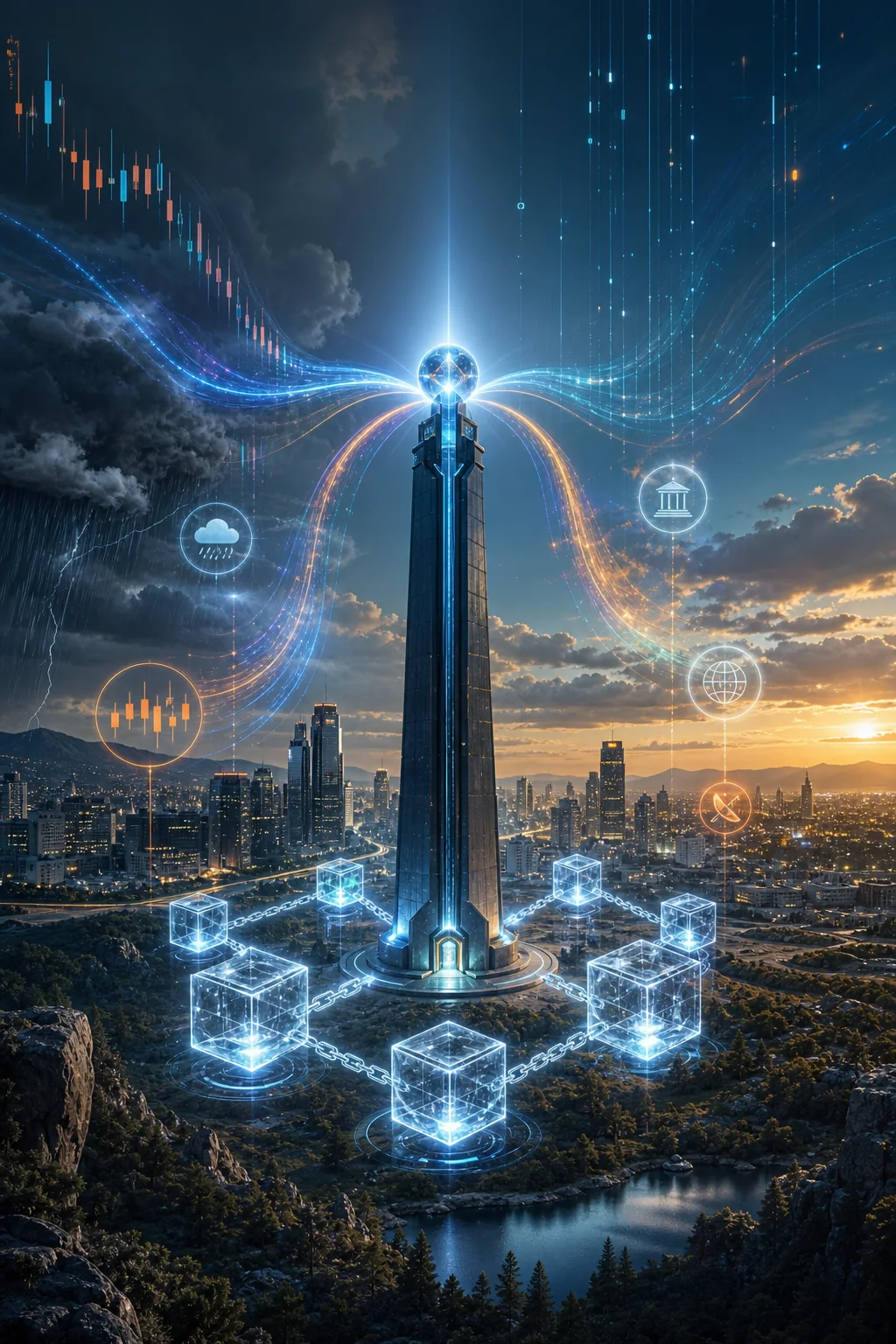 Một tháp oracle đưa tín hiệu giá, thời tiết, dự trữ và sự kiện vào smart contracts, như reality data đi vào chain
