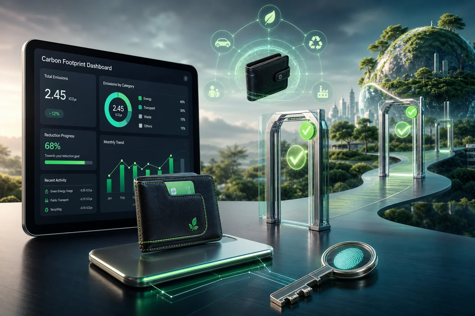 Carbon footprint dashboard nối với ví số và chìa khóa identity, các cổng compliance xanh biểu tượng cho carbon wallet