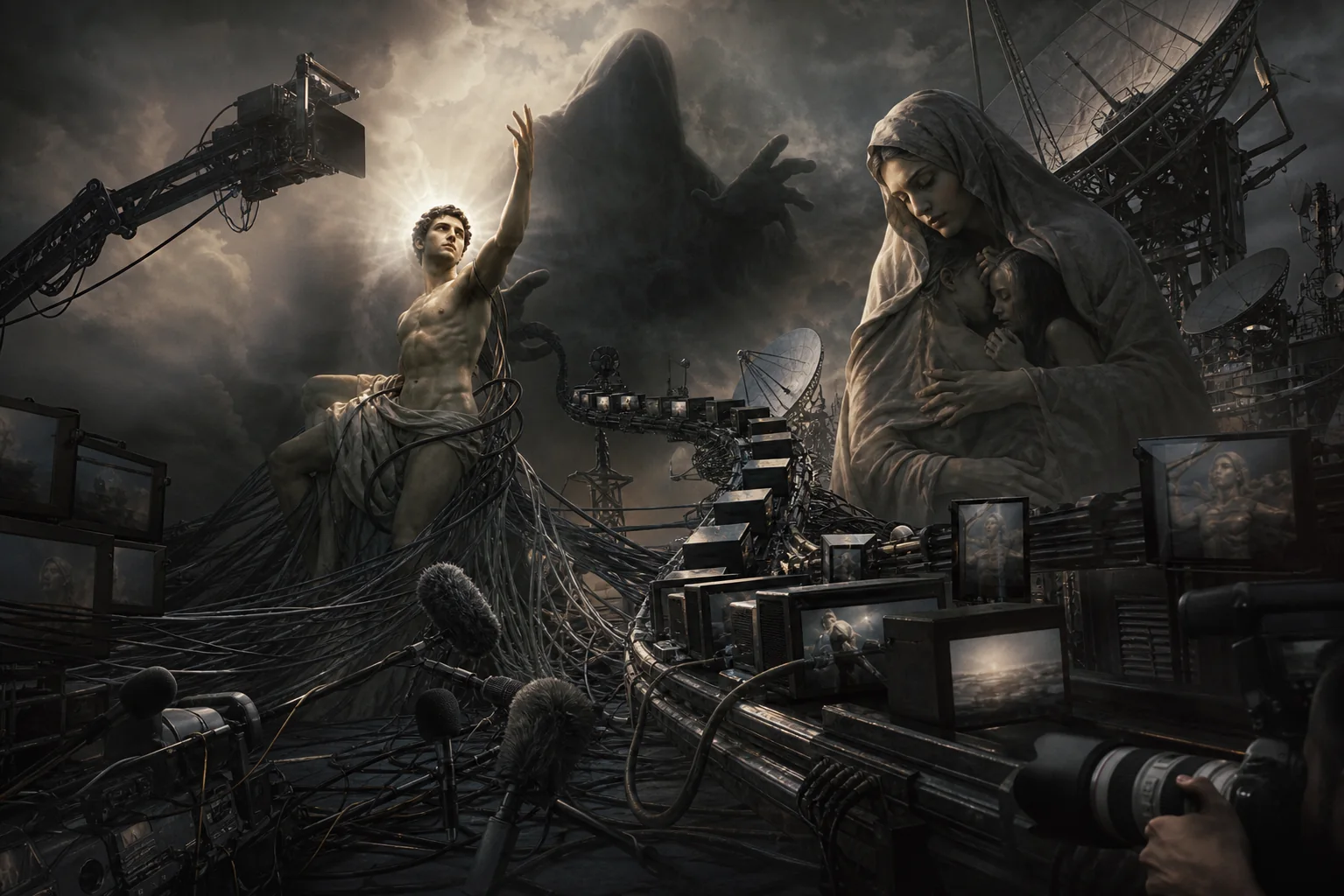 Các archetype hero, shadow, mother và apocalypse bị media machinery hijack, như một cảnh symbolic không literal