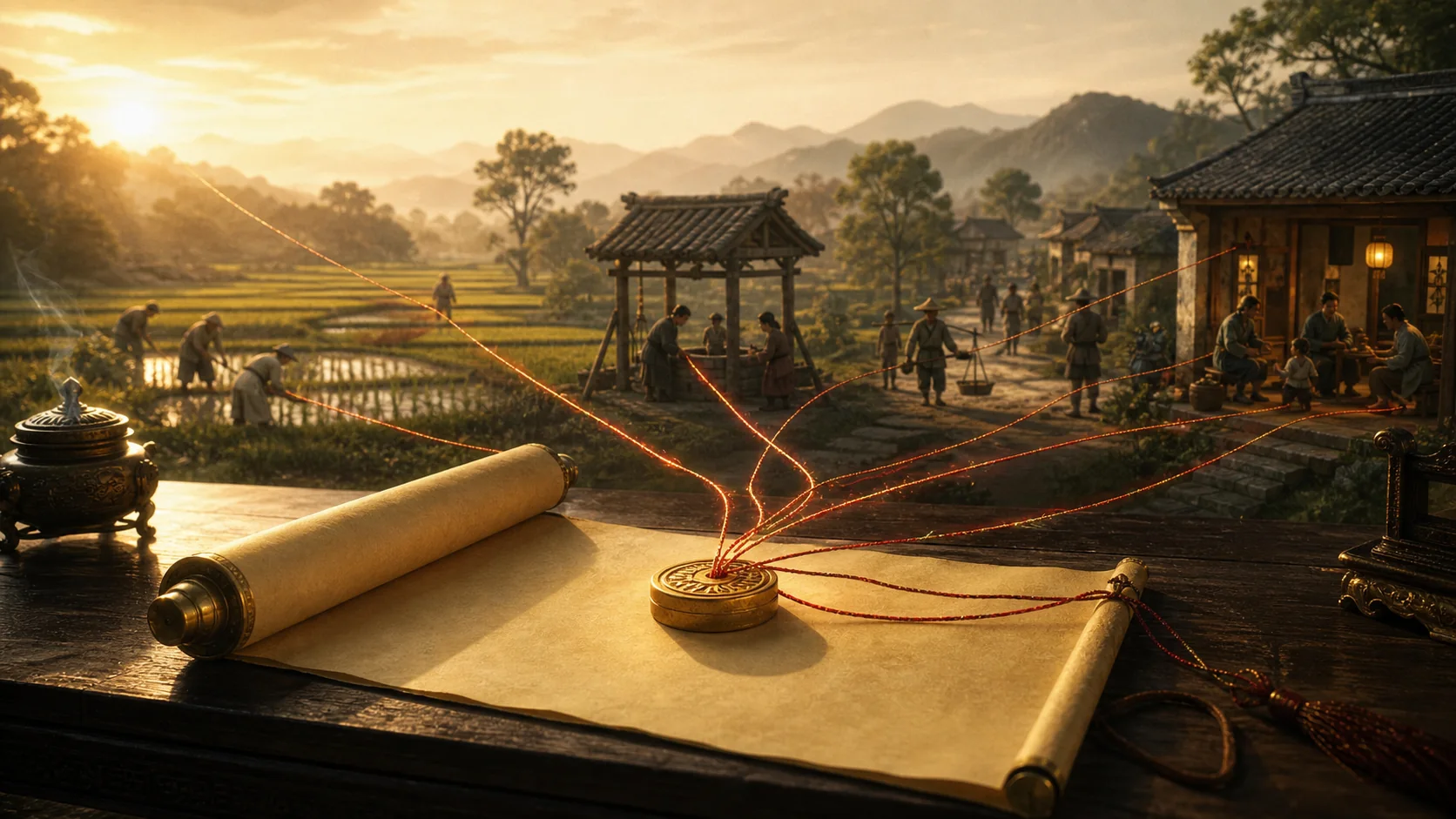 Một cuộn chiếu thư cổ không đóng dấu vĩnh viễn mà được nối với những sợi chỉ mong manh dẫn tới ruộng lúa, giếng nước và mái nhà dân, tượng trưng cho quyền lực có điều kiện