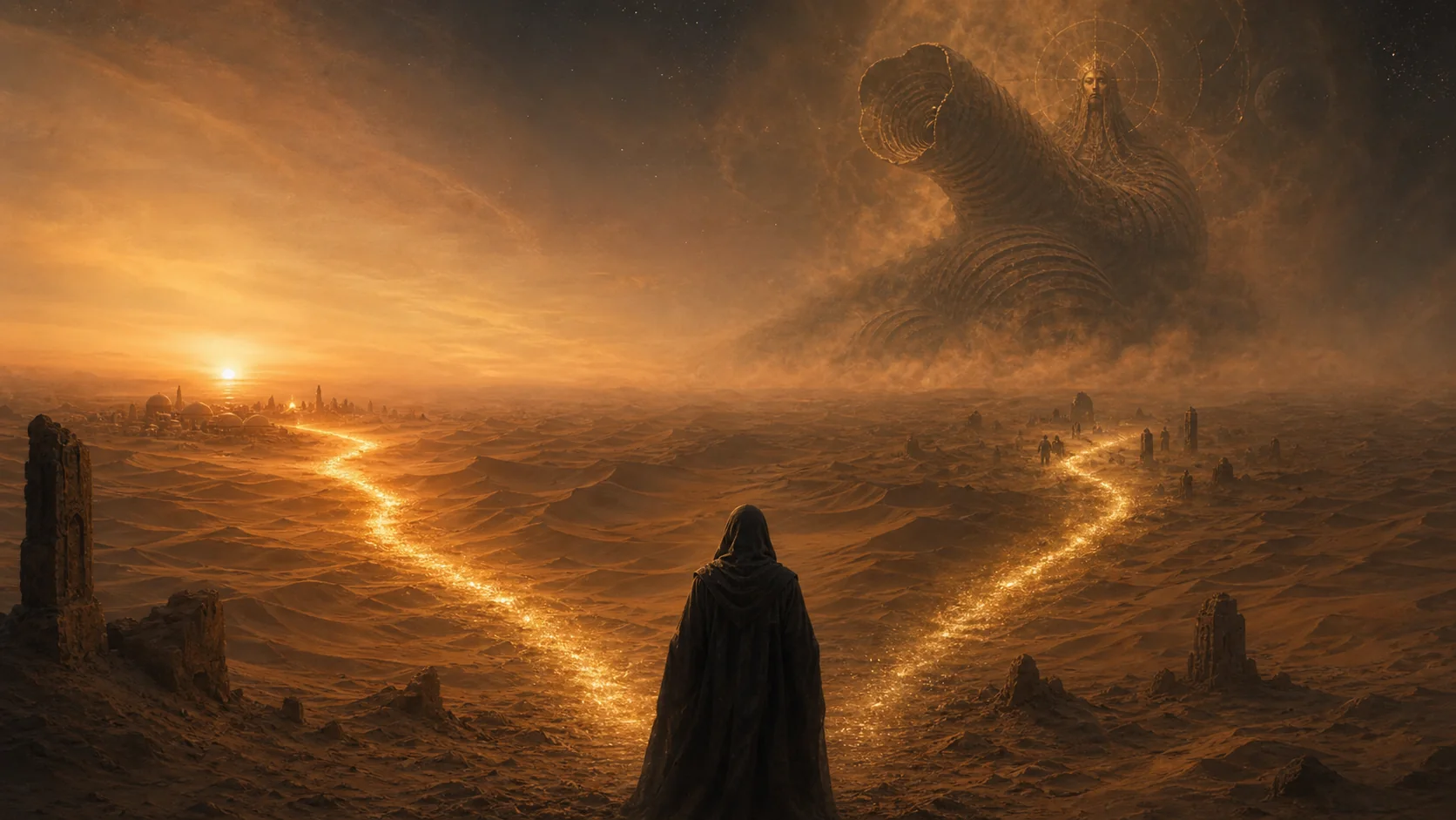 Một người đứng trước hai nhánh Golden Path trên sa mạc, một nhánh giữ phần người và một nhánh dẫn tới bóng Thần Hoàng bằng cát