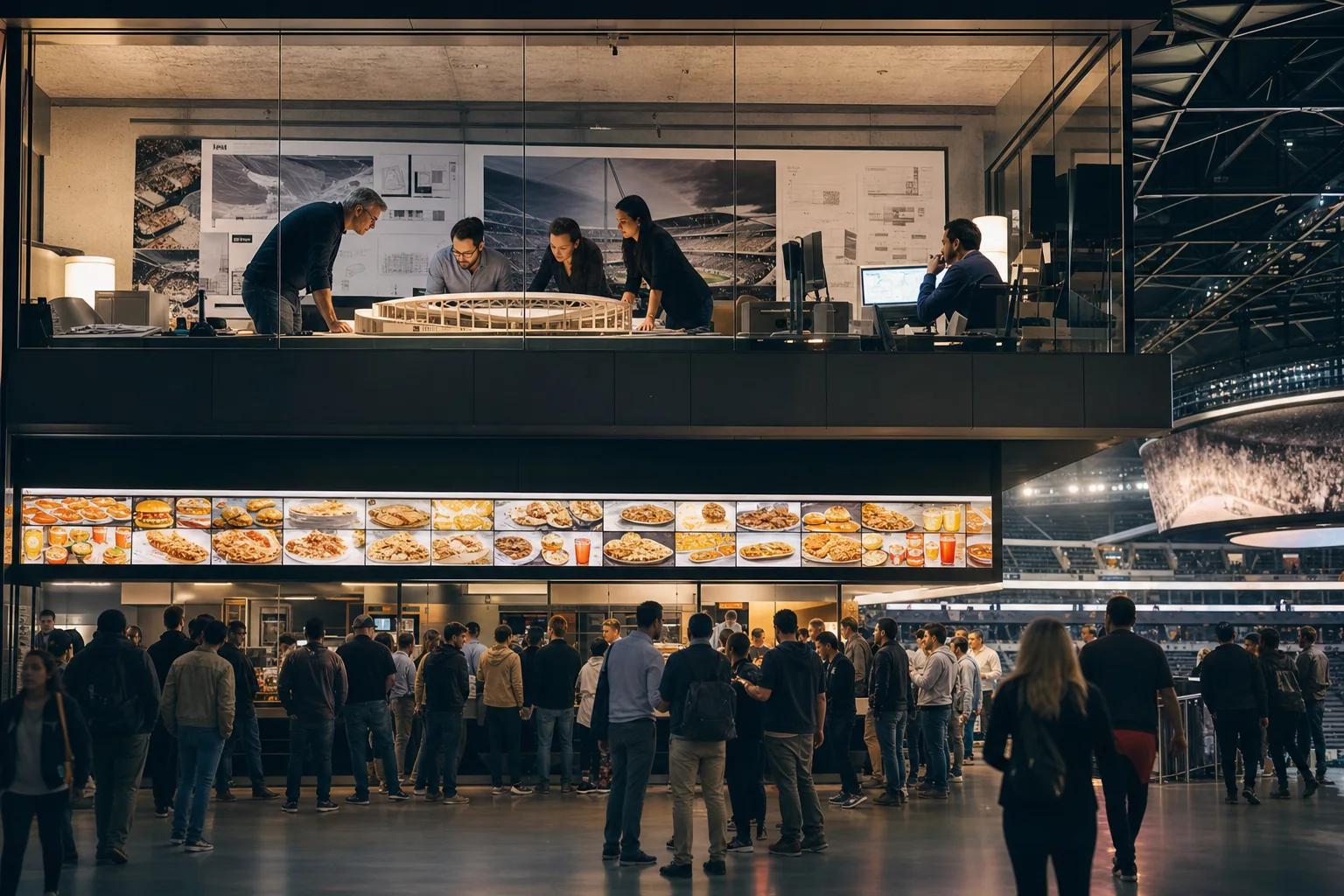 Đám đông chọn từ một menu sáng trong arena, trong khi các kiến trúc sư phía trên lặng lẽ thiết kế chính arena đó