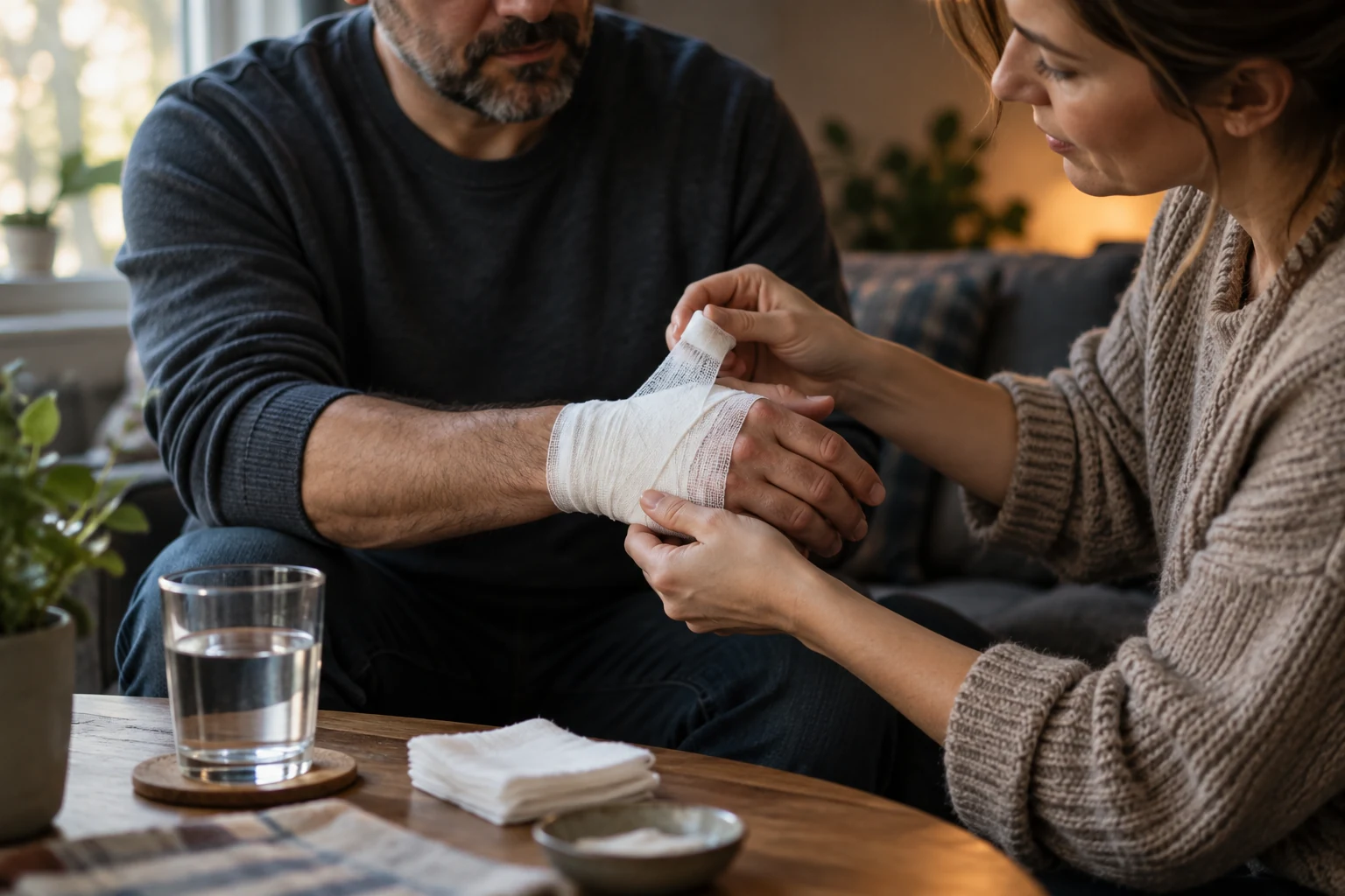 Một bàn tay bị thương được băng lại với sự chăm sóc nhẹ nhàng, minh họa việc không bỏ mặc thân thể