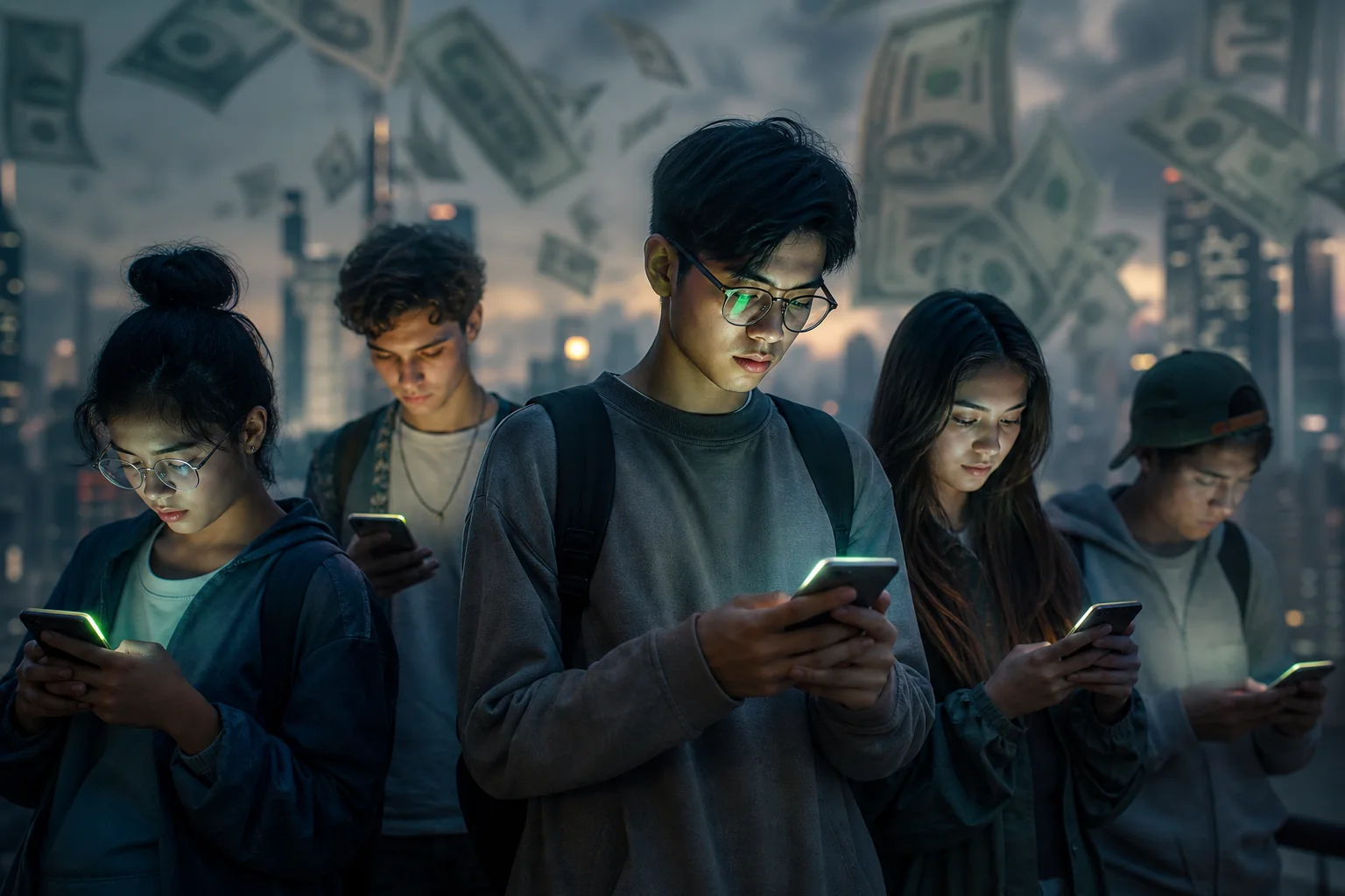 Thế hệ trẻ nhìn số dư ví app phát sáng trong khi tiền giấy mờ dần phía sau, biểu tượng cashless native psychology
