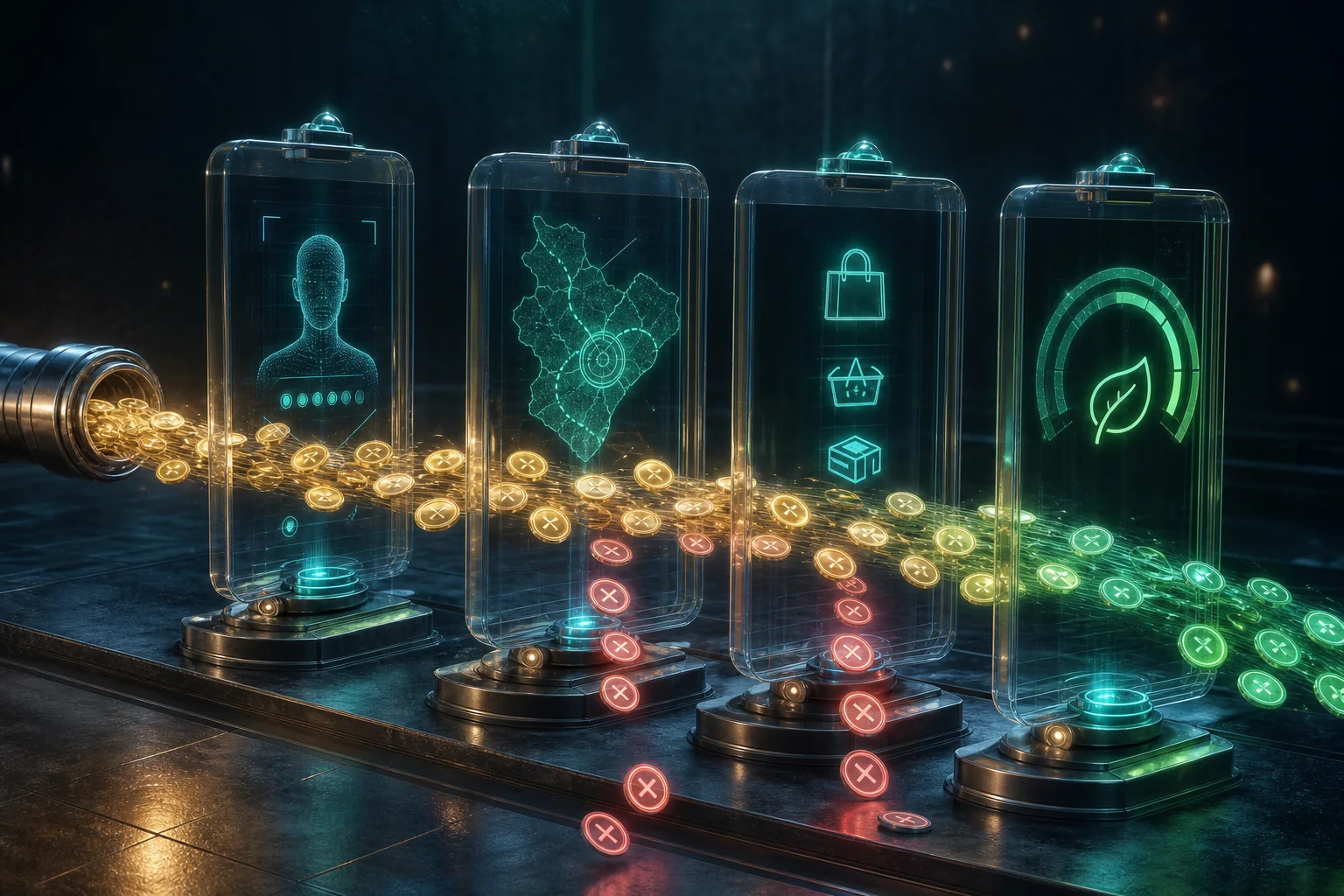 Dòng tiền số đi qua các cổng rule về identity, location, category và carbon, biểu tượng programmable money như permission event