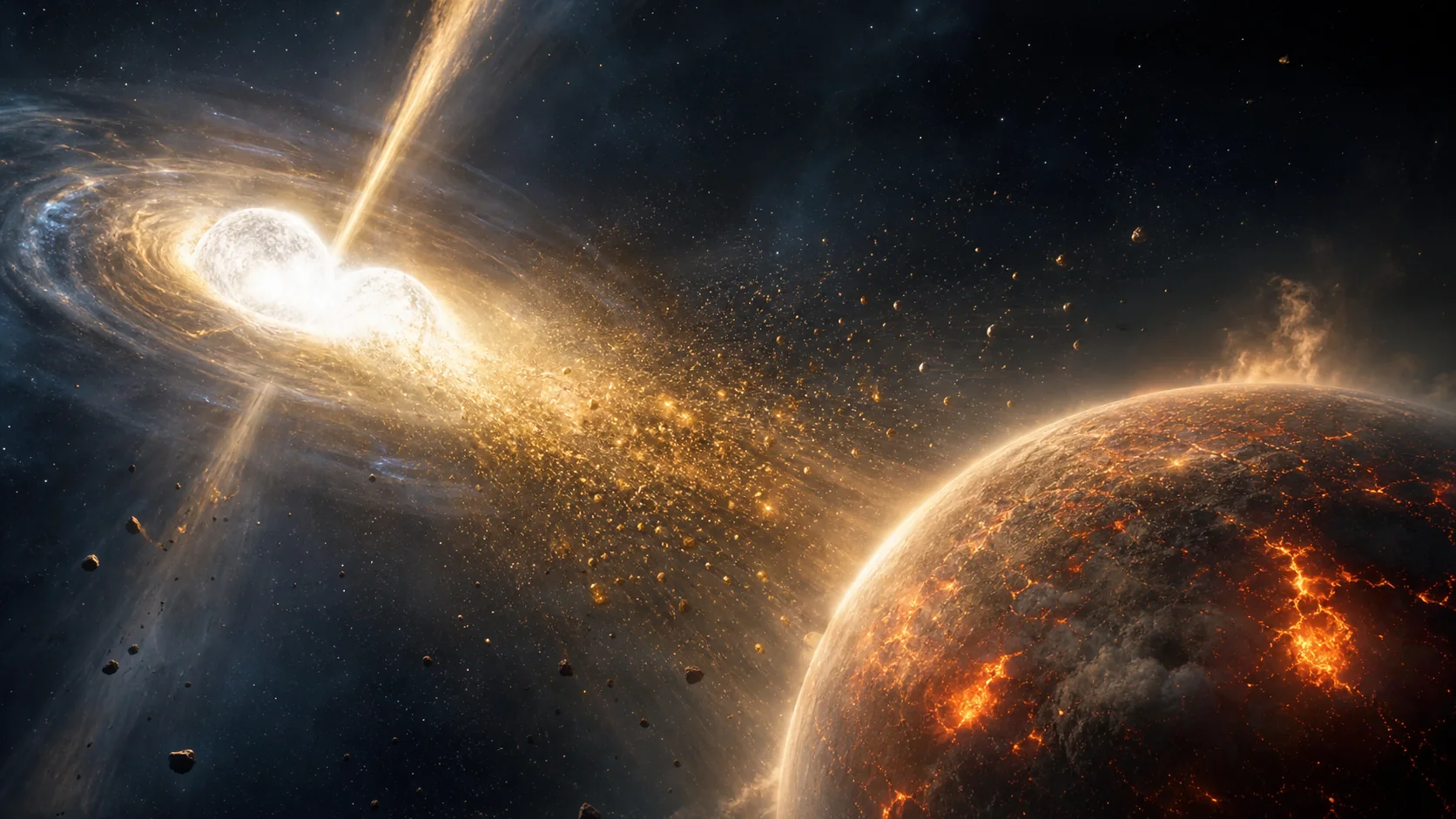 Một hạt vàng hình thành trong cơn bão vũ trụ, từ neutron star merger đến bụi sao rơi vào Trái Đất sơ khai