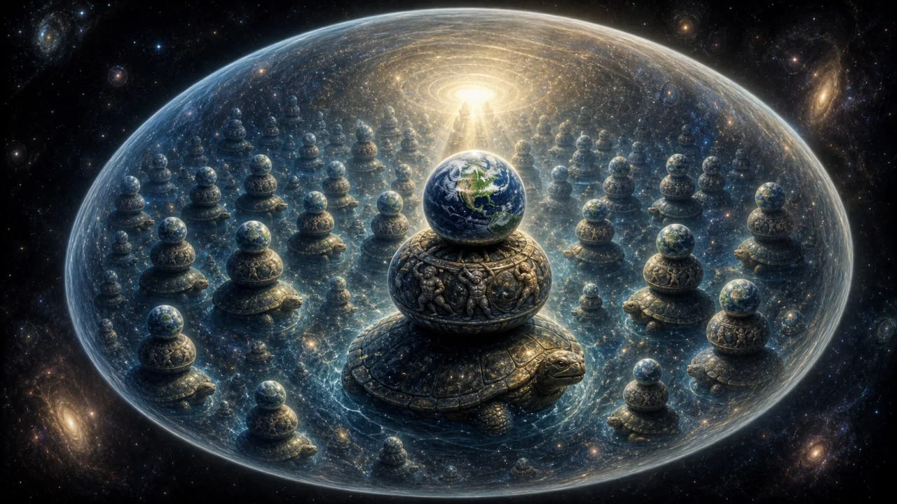 Một cosmic egg nhiều tầng với Earth ở tầng trên gần lõi sáng, dưới là các tầng snowman mờ dần vào bóng tối