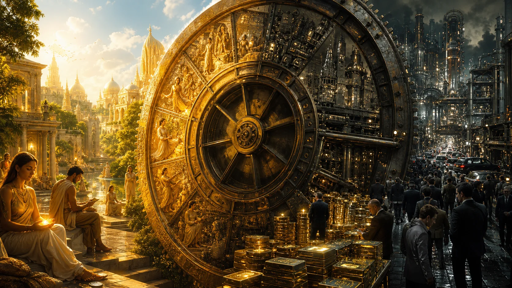 Một bánh xe Yuga chuyển từ Golden Age sáng trong sang Iron Age tối, nơi vàng từ ánh sáng bên trong biến thành vật tích trữ bên ngoài