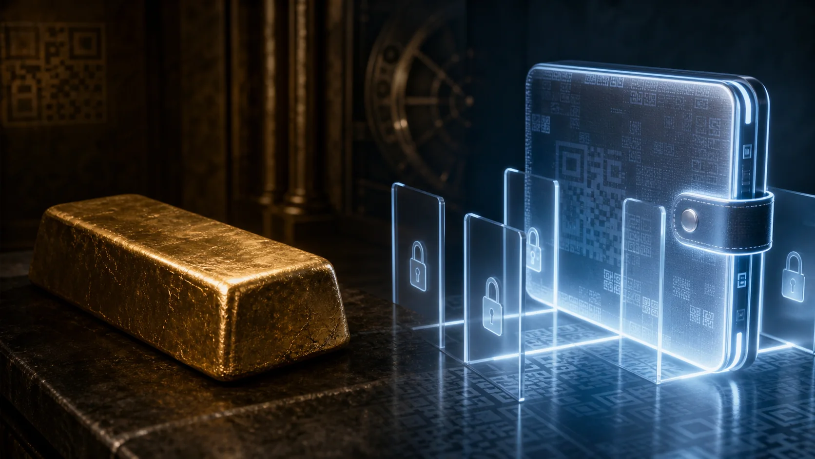 Một thỏi vàng cũ đối diện ví CBDC phát sáng, giữa hai bên là các cổng cấp quyền, mã QR và lớp kiểm soát mờ