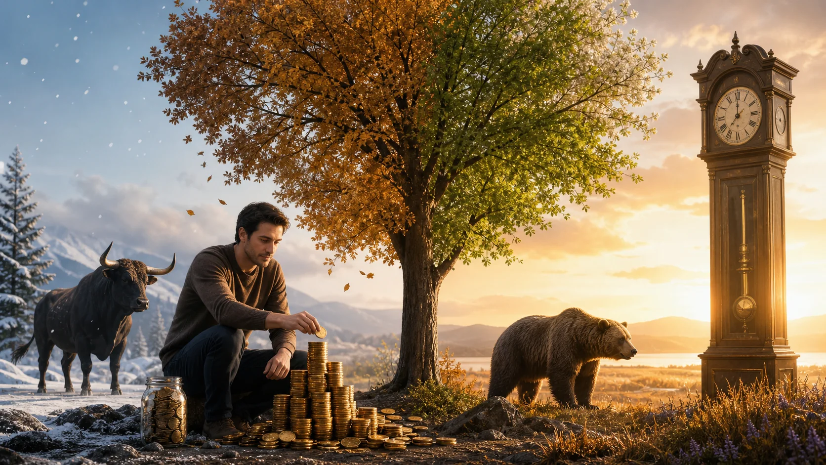 Một người tích lũy vàng chậm rãi qua các mùa bull và bear, không margin, không áp lực, bên cạnh đồng hồ dài hạn và cây đang lớn