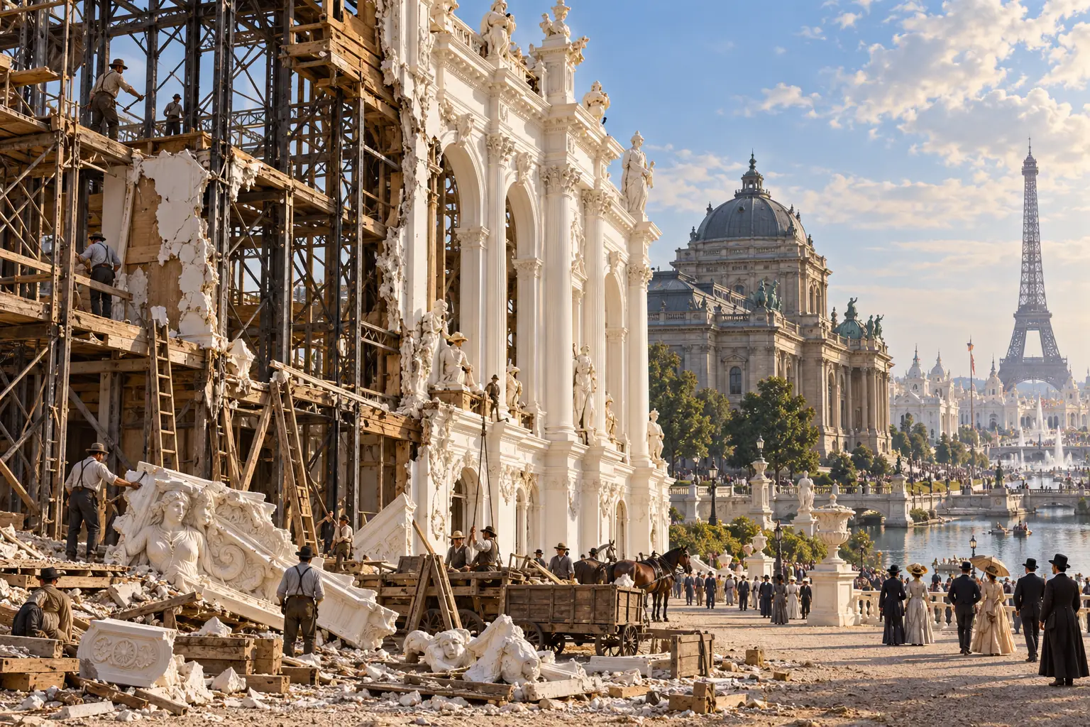 một đại lộ triển lãm thế kỷ mười chín sáng rực, phía sau là công nhân tháo dỡ các mặt tiền tạm