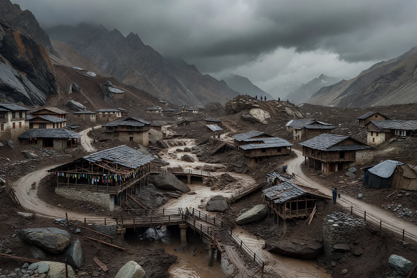 Minh họa biên tập: thung lũng Himalaya sau lũ bùn, các tầng thấp của làng bị chôn, đường và cầu biến mất; không phải ảnh hiện trường