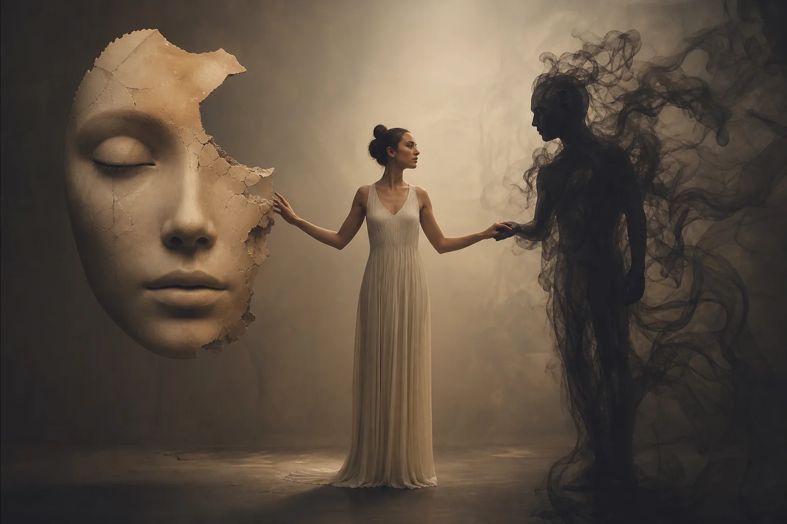 Mặt nạ persona sân khấu ở một bên, bóng shadow sống động ở bên kia, và một con người tĩnh lặng đứng giữa để tích hợp cả hai