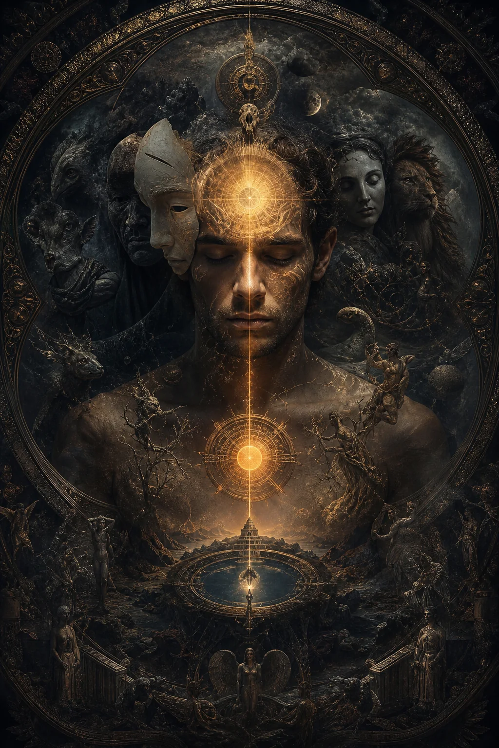 Psyche Jungian như một vũ trụ nội tâm nhiều tầng: persona, ego, shadow, archetype và Self hiện lên như mandala ánh sáng