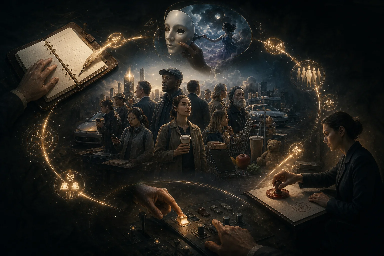 Các biểu tượng phát sáng chạy thành vòng từ agenda sang fiction, public familiarity và implementation, như mạch consent nghi lễ