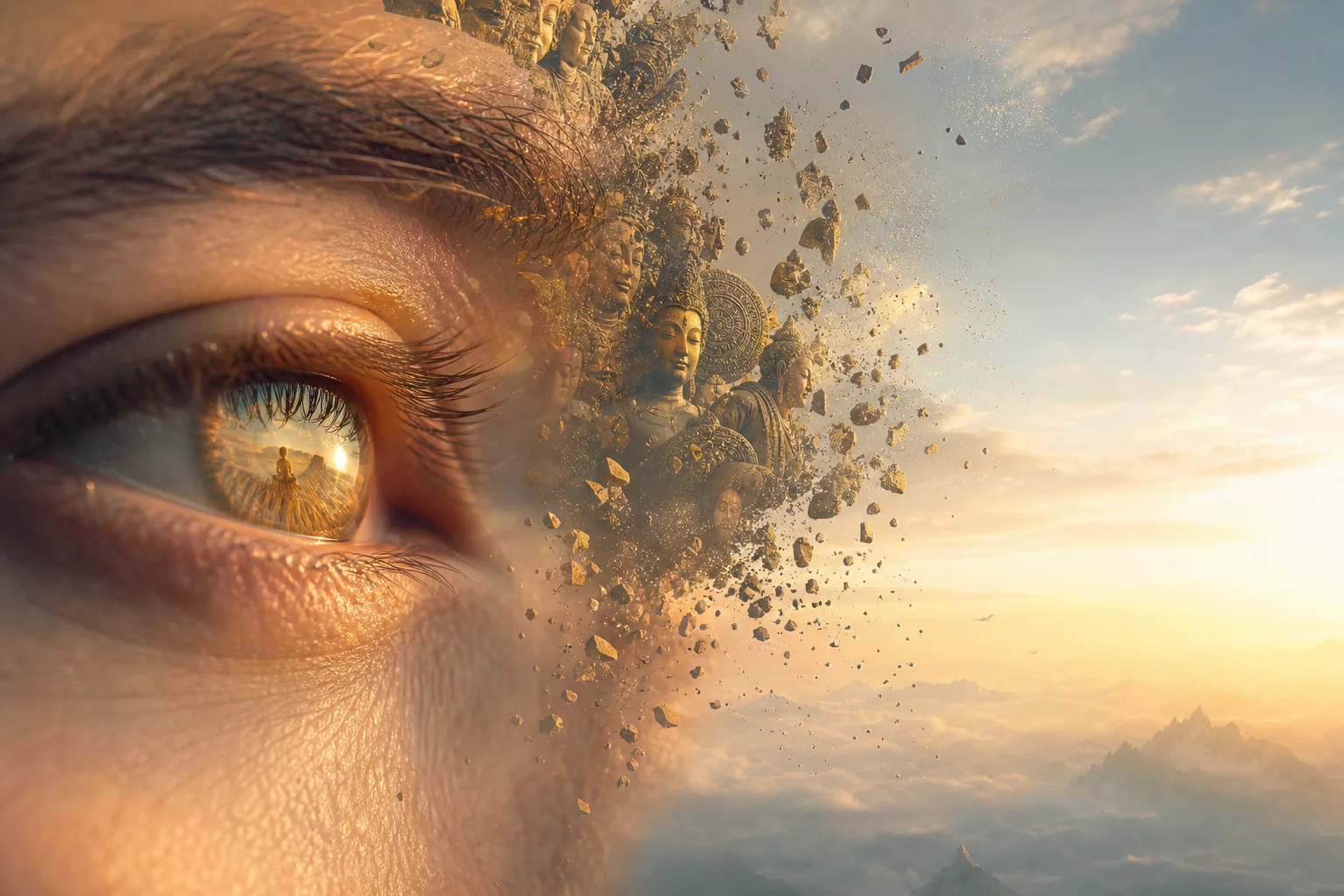 Con mắt tĩnh lặng phản chiếu thoughts, beliefs và frameworks tan vào bầu trời trong, biểu tượng của cái thấy vượt khỏi mind