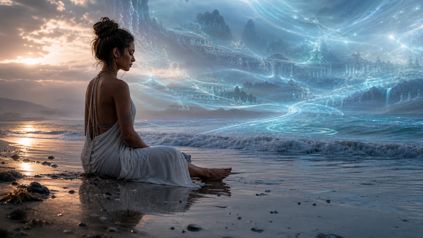 A grounded meditator at the shoreline, luminous ocean memories behind but bare feet in wet sand