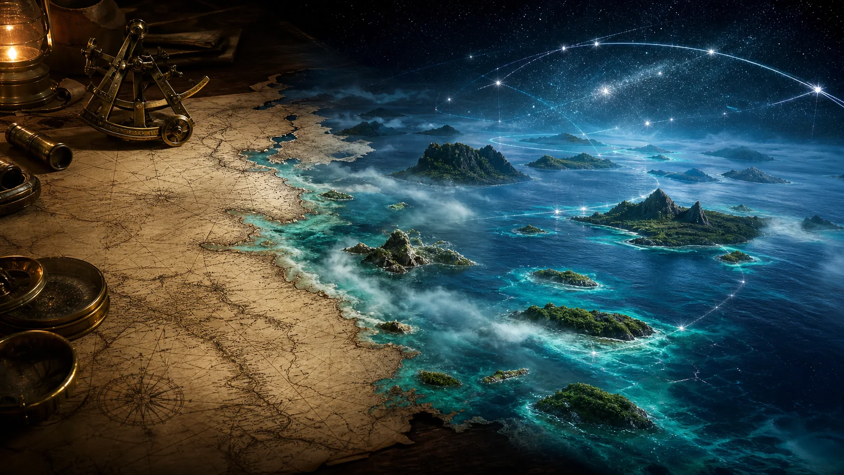 A Victorian map dissolving into a mythic Pacific continent of islands and star navigation routes