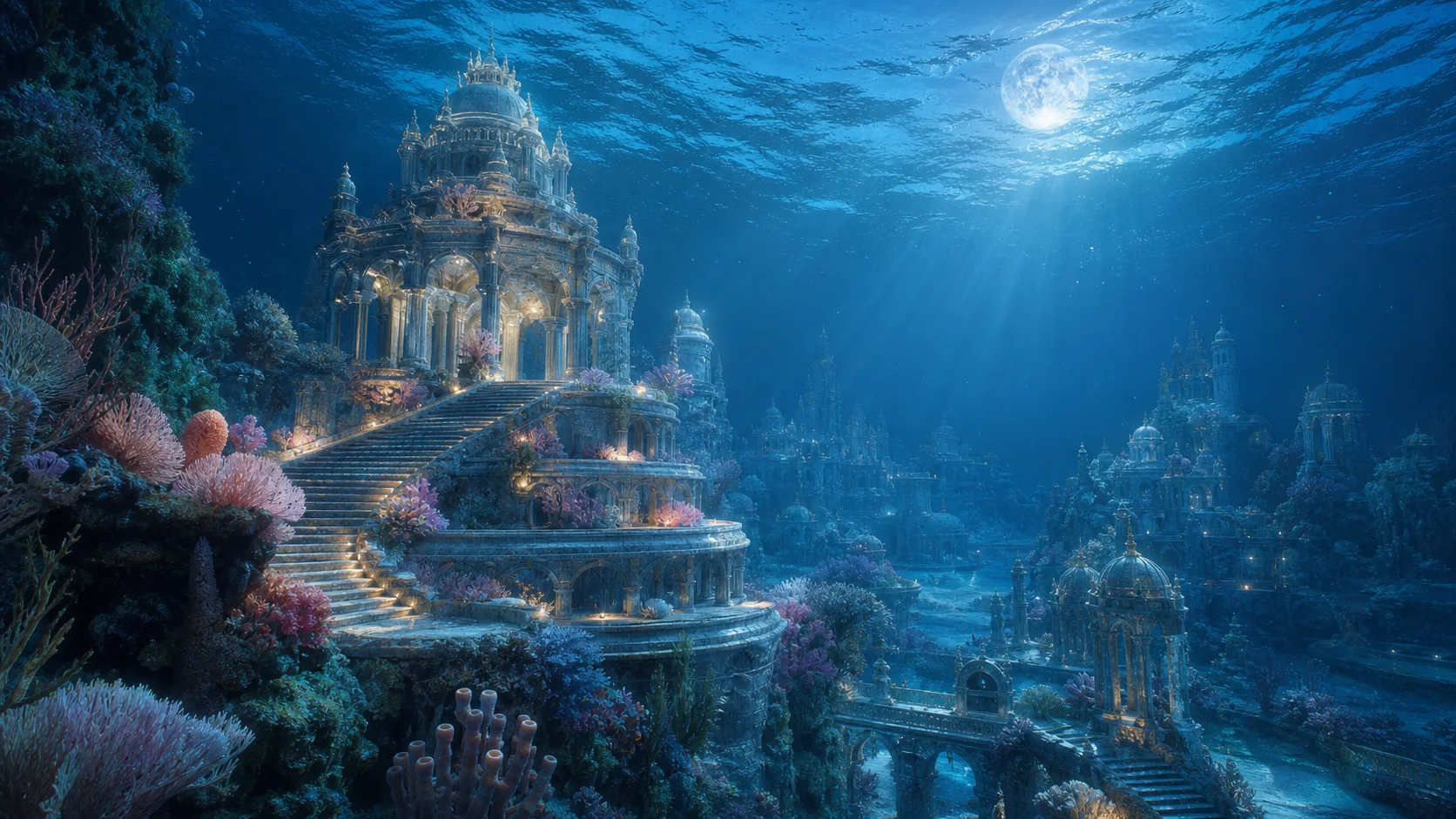 A soft oceanic Lemurian city of coral temples and luminous terraces under moonlit Pacific waters