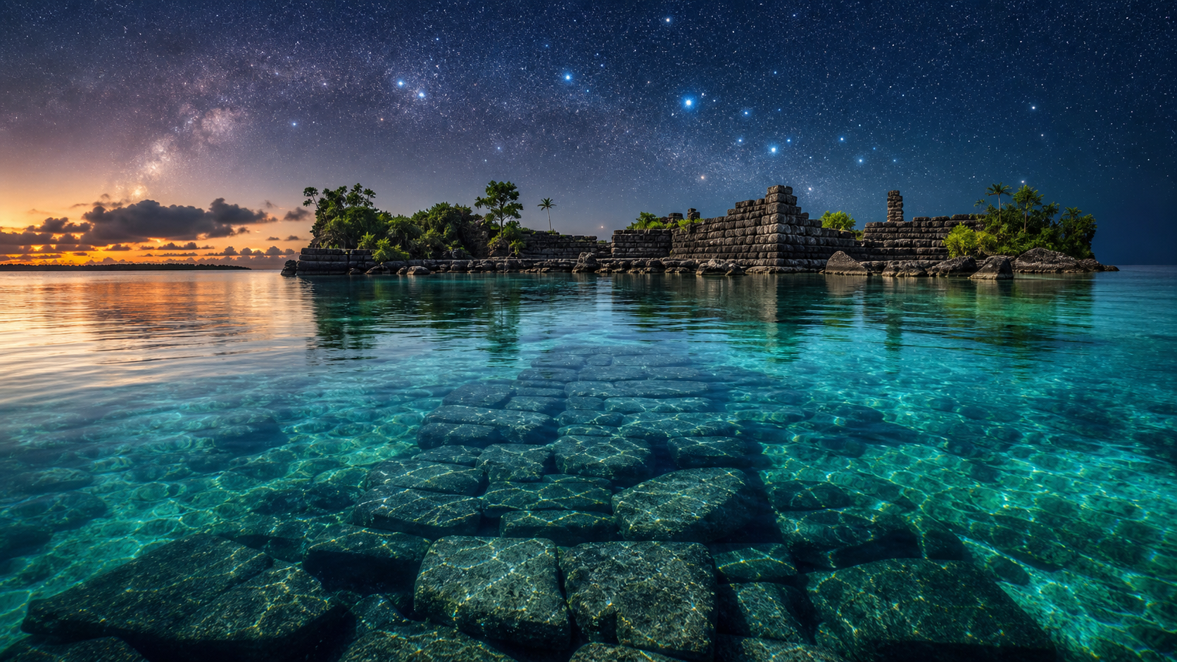 Nan Madol-like basalt ruins, Polynesian voyaging stars, and a submerged road under turquoise water