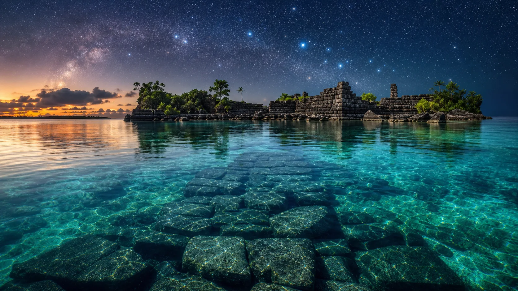 Nan Madol-like basalt ruins, Polynesian voyaging stars, and a submerged road under turquoise water