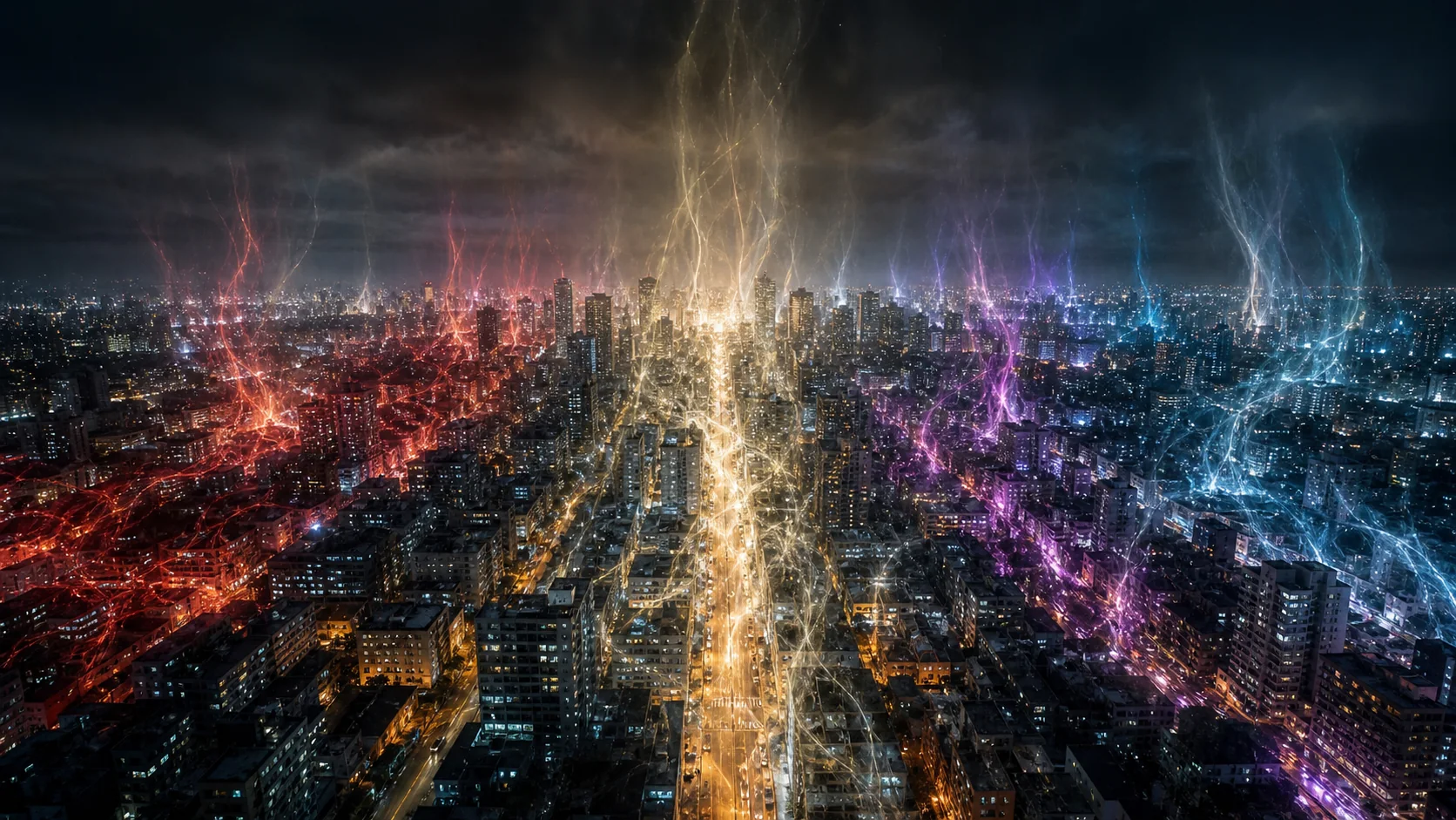 A surreal human city at night emitting visible emotional currents into unseen collectors above