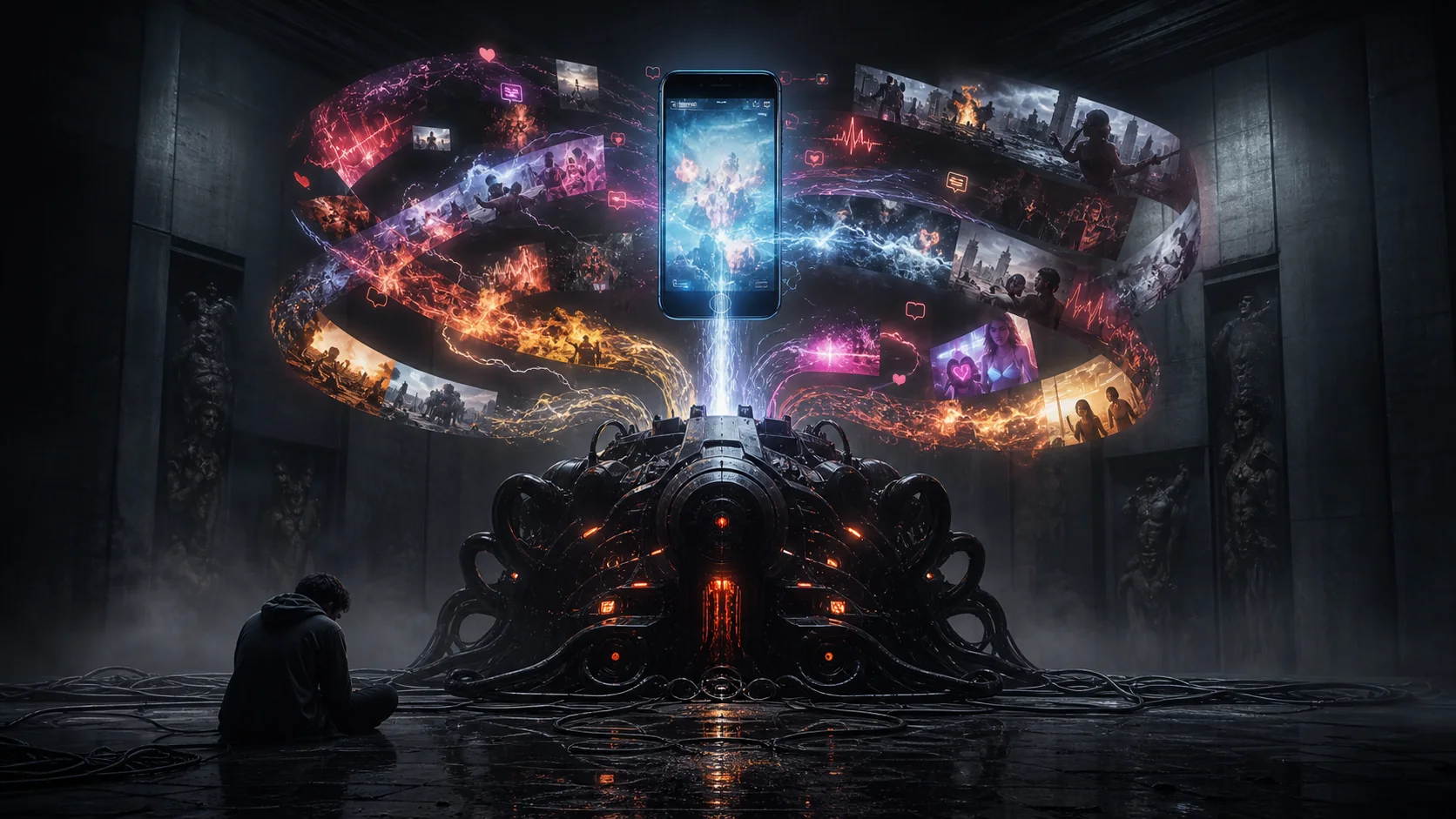 A loop of phone screen, outrage news, porn, war headlines and dopamine spikes feeding a dark machine