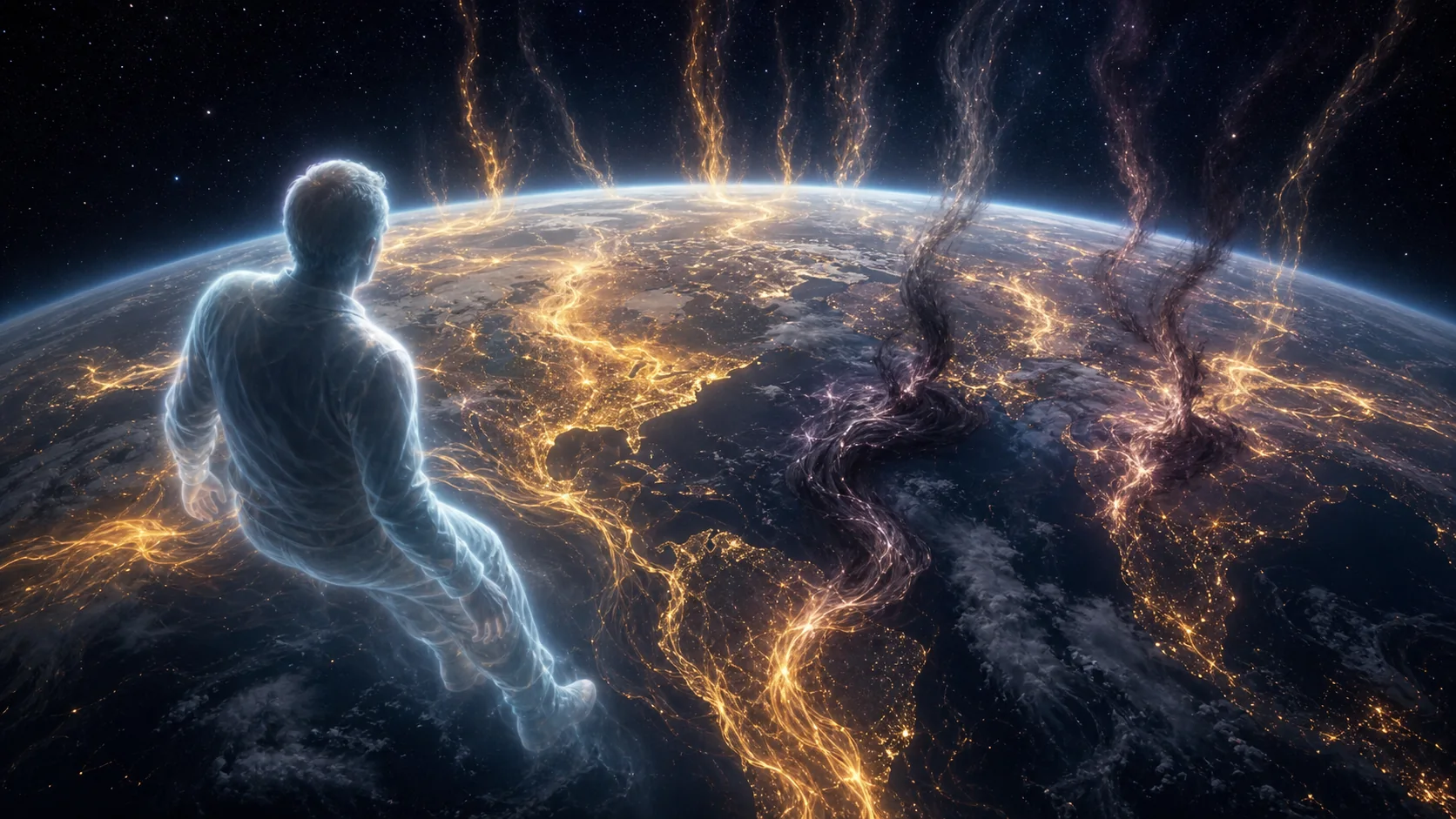 Robert Monroe style astral traveler above Earth seeing emotional currents as golden and dark streams