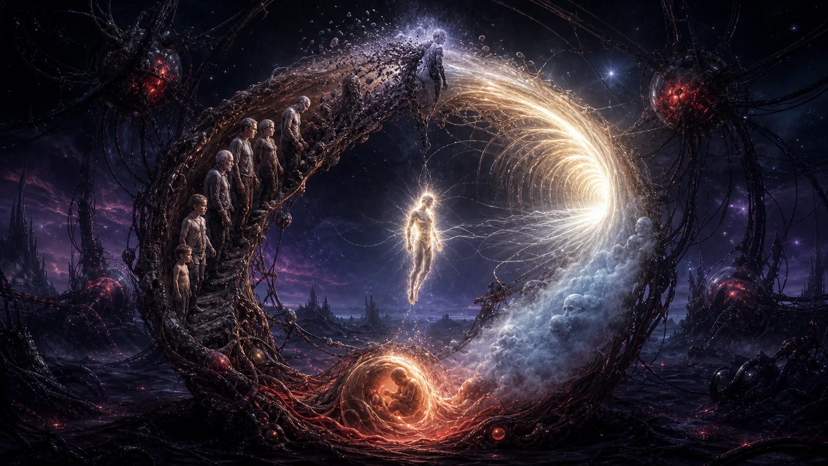 A soul moving through birth, life, death, light tunnel and memory wipe as a circular energy farm
