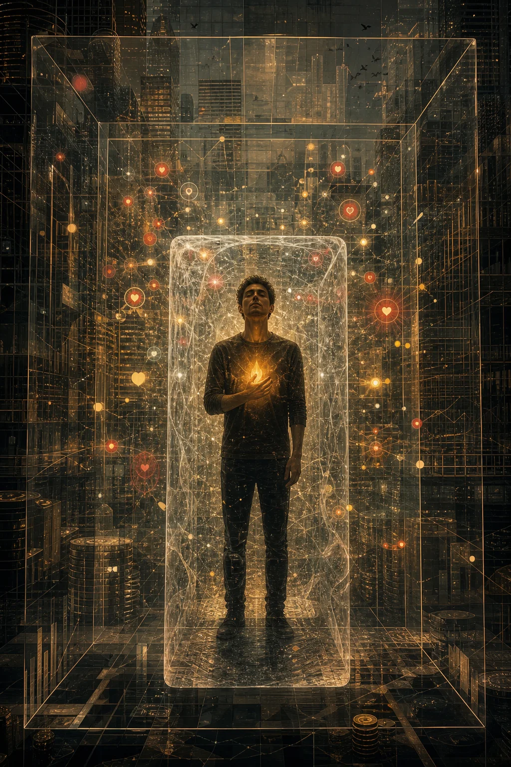 Ba lớp lồng trong suốt bao quanh con người: vật chất, attention và spiritual veil, với một ngọn lửa nhỏ ở trung tâm