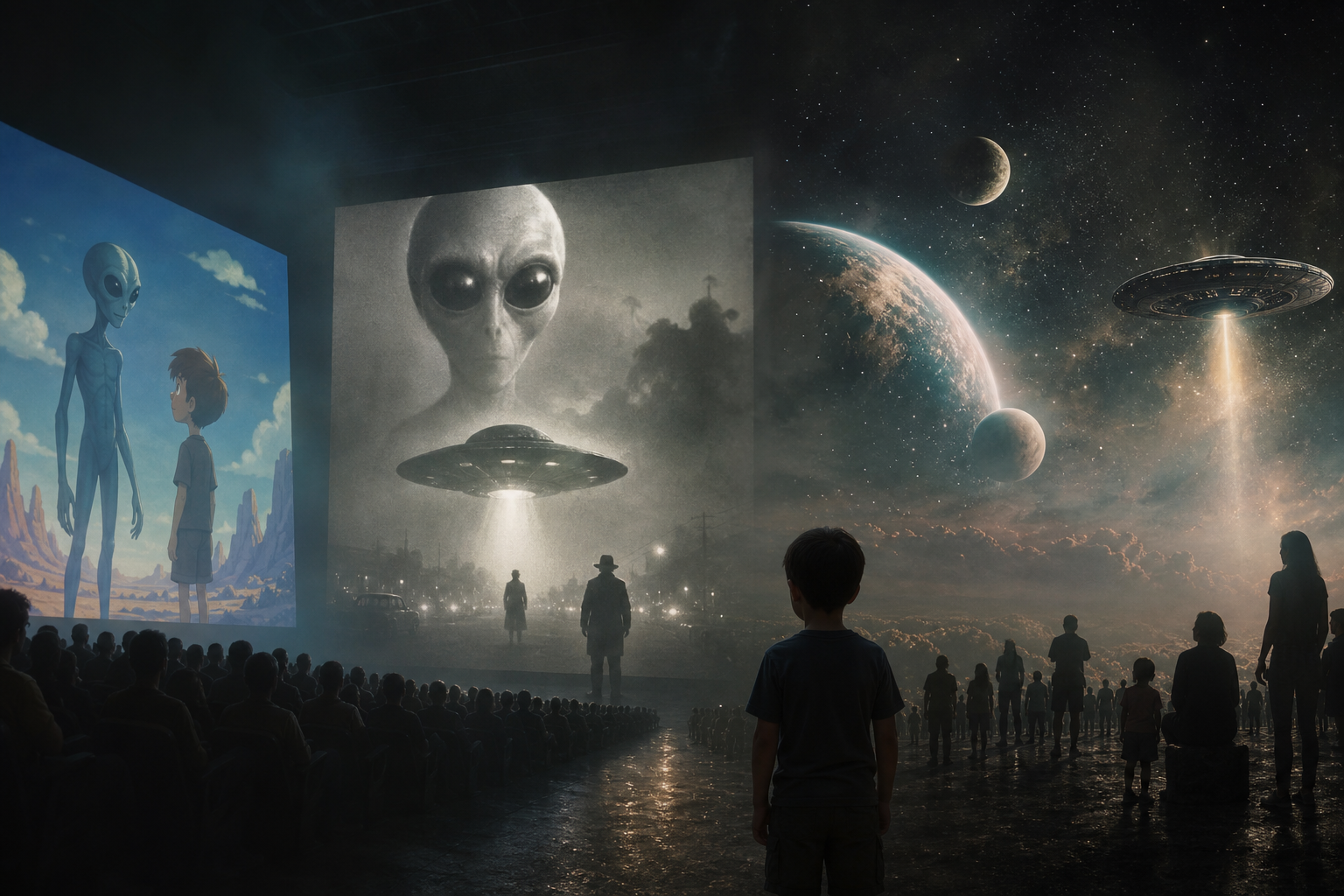 Các bóng alien archetype được chiếu từ màn hình animation, cinema và space vào imagination tập thể, như disclosure myth stack